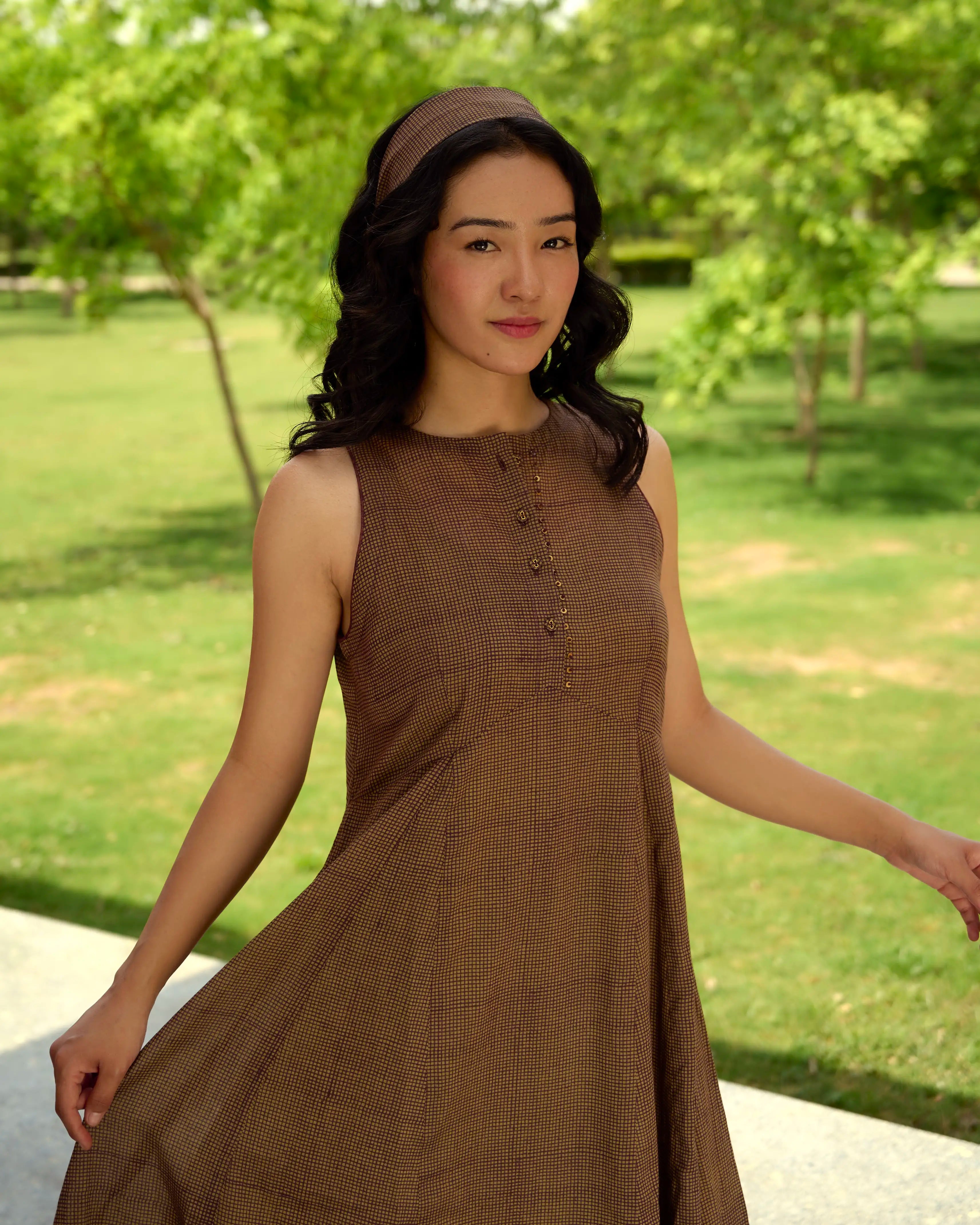 Hand Block Printed Checkered Midi Dress - Green & Maroon