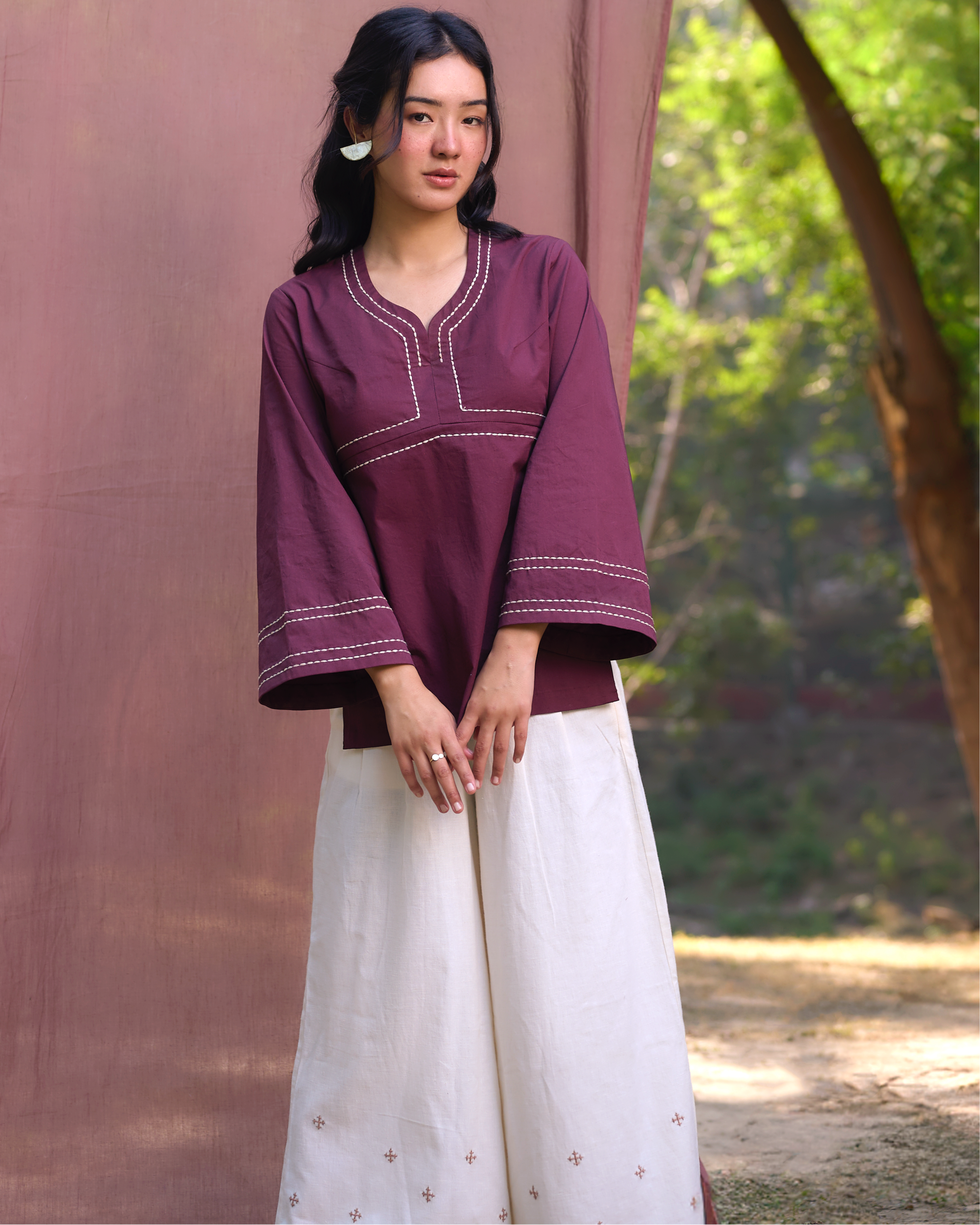 Kantha Embroidered High Slit Top - Burgundy