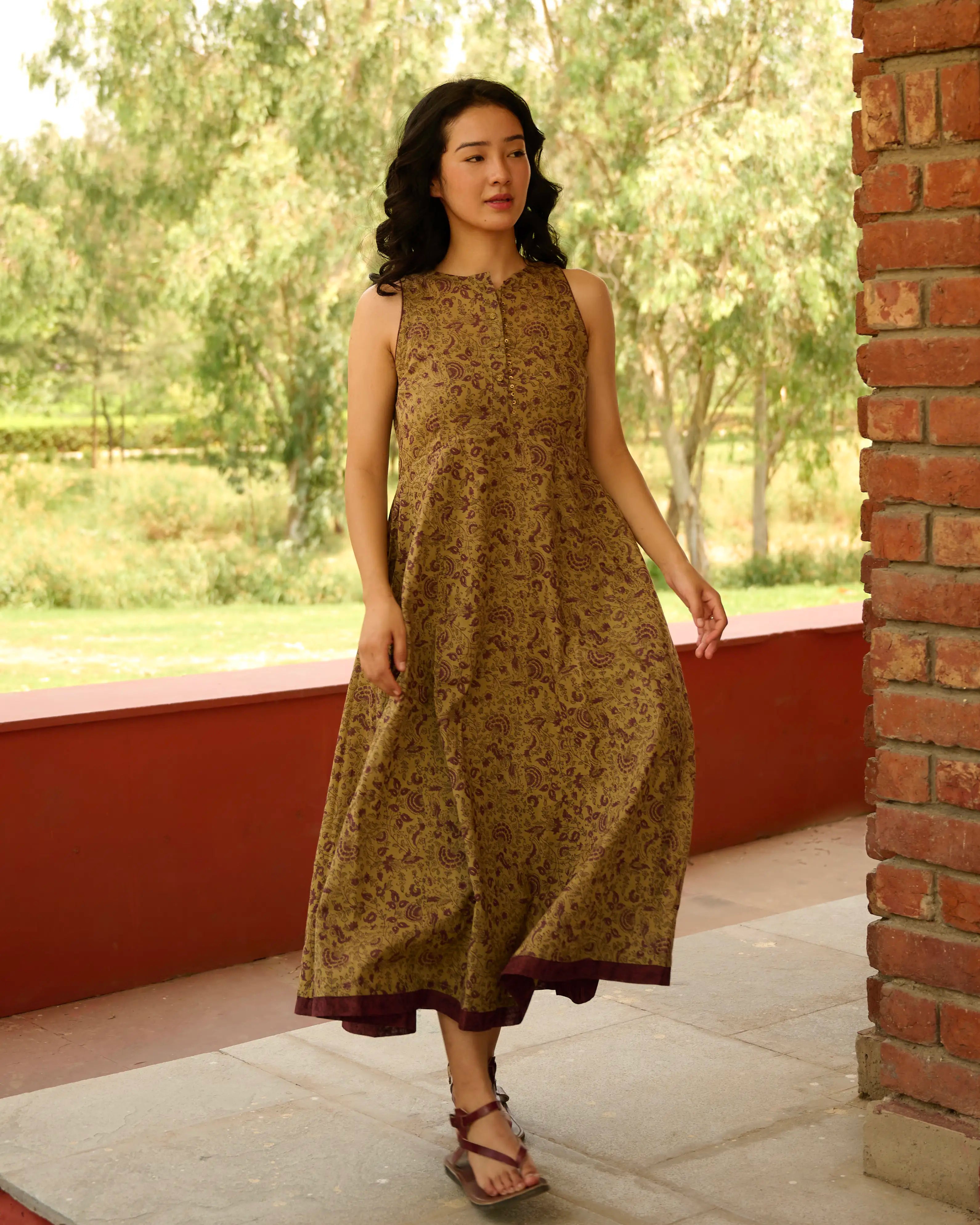 Hand Block Printed Midi Dress - Green & Purple