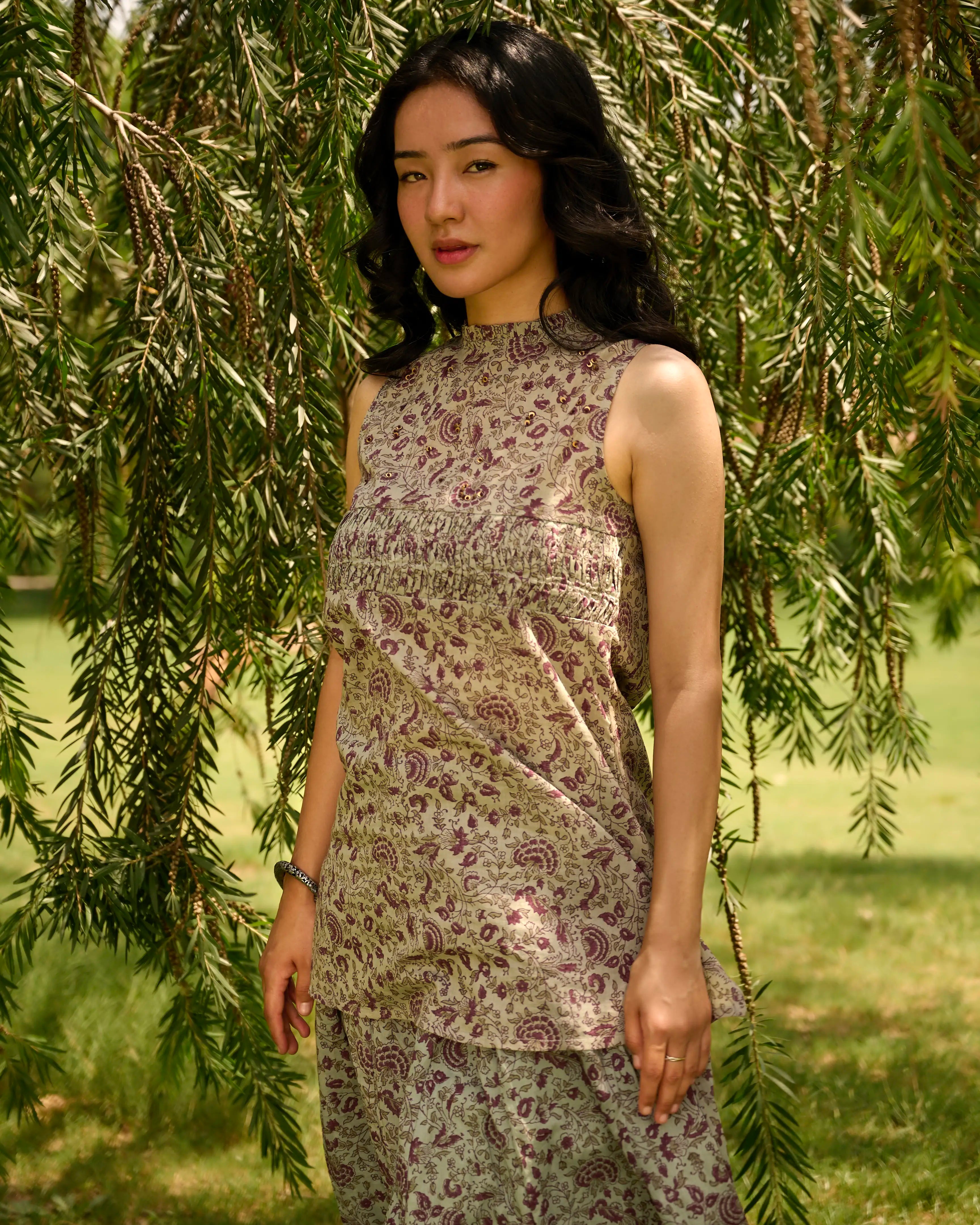 Hand Block Printed Keyhole High Neck Top - Teal & Purple