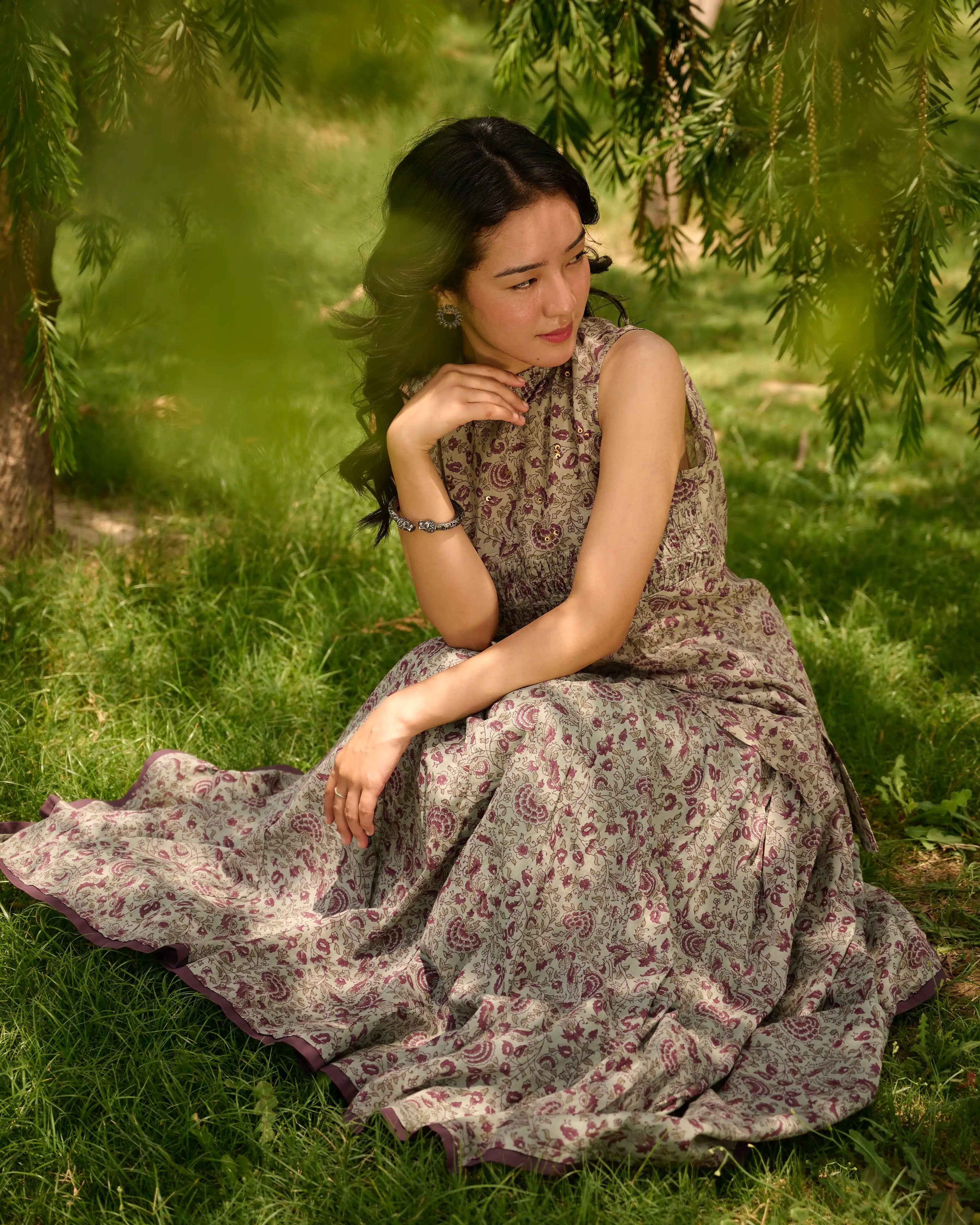 Hand Block Printed Pleated Skirt - Crown Blue & Purple