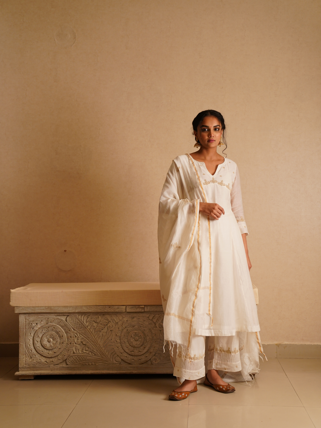 Resham Embroidered A Line Suit Set - White