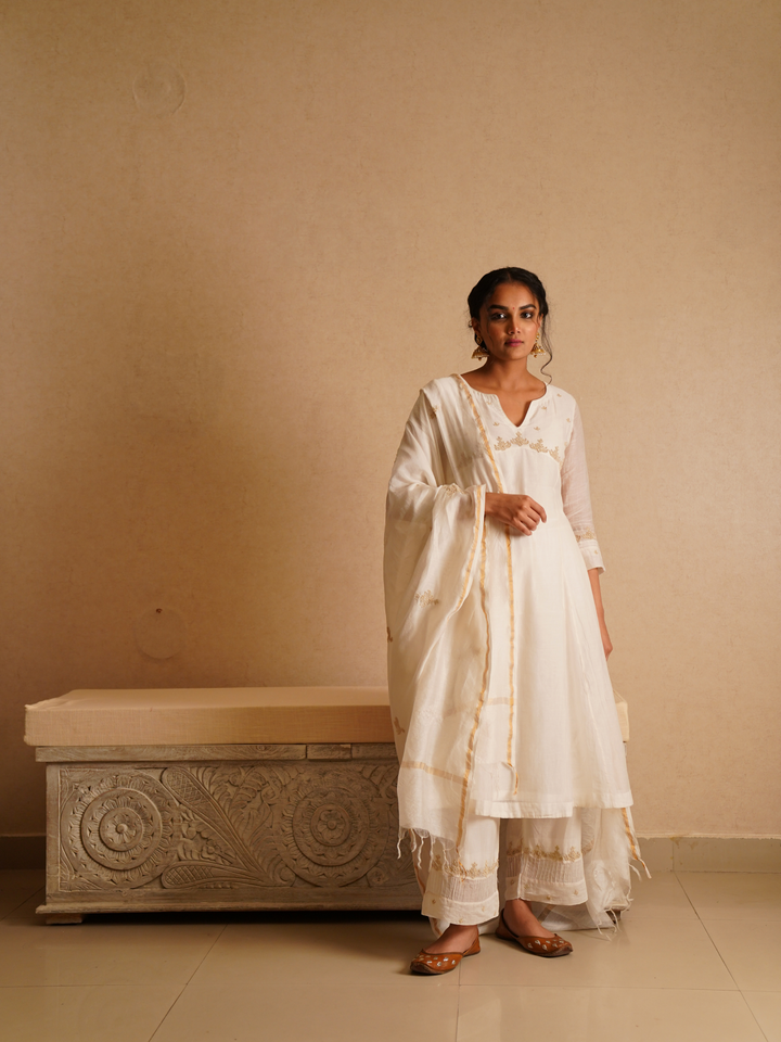Resham Embroidered A Line Suit Set - White