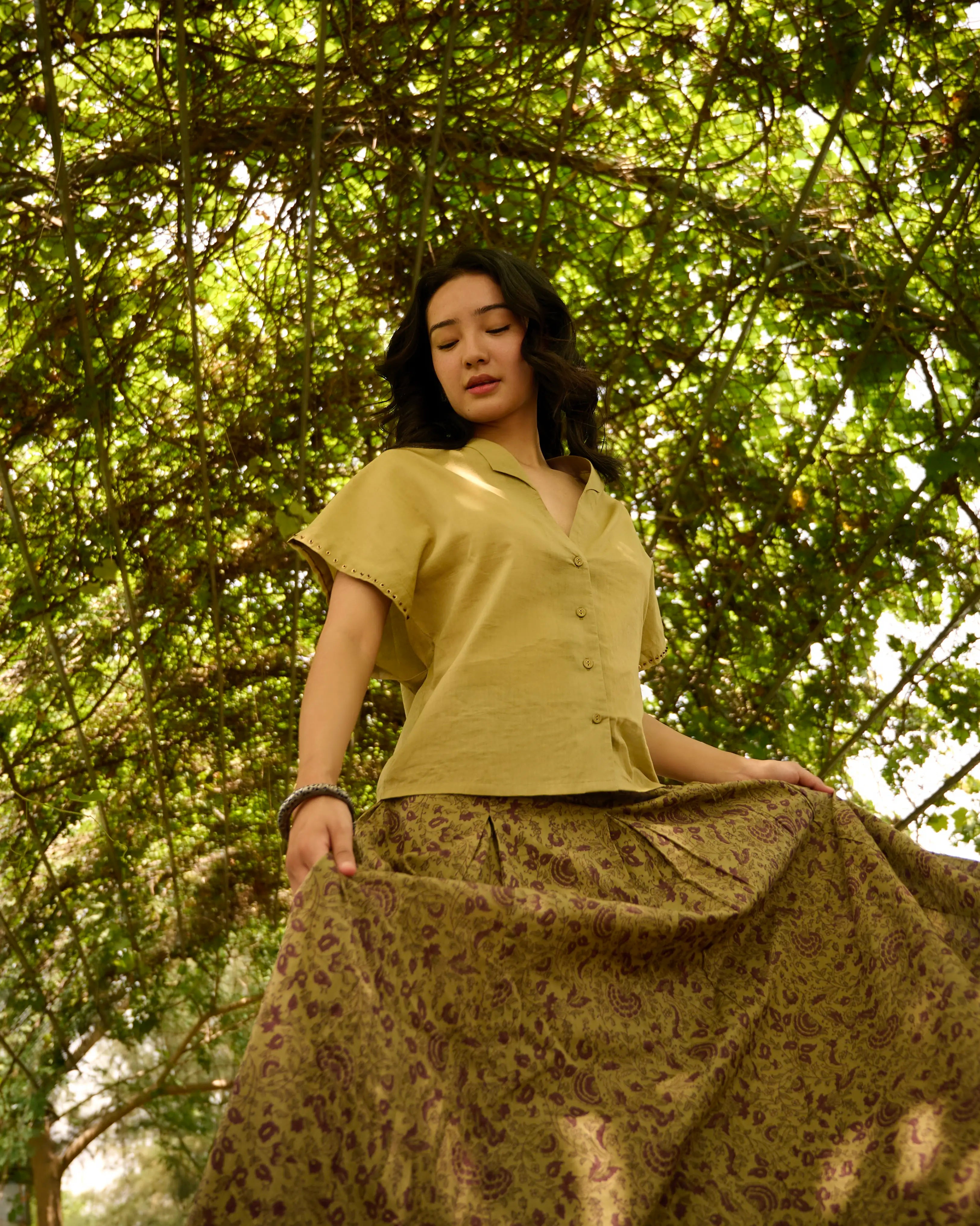 Hand Block Printed Pleated Skirt - Green & Purple