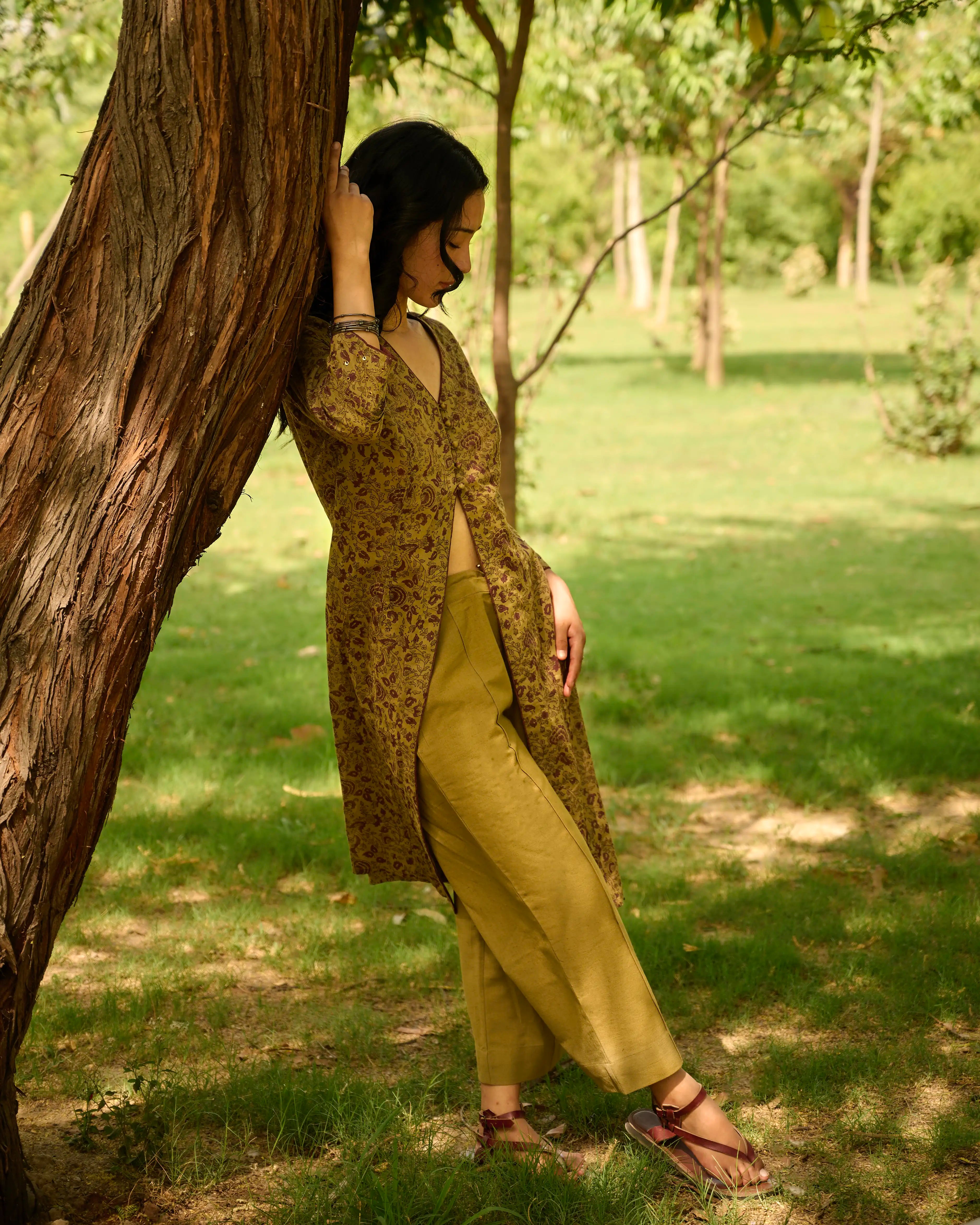 Hand Block Printed Slit Button Up Kurta - Green & Purple