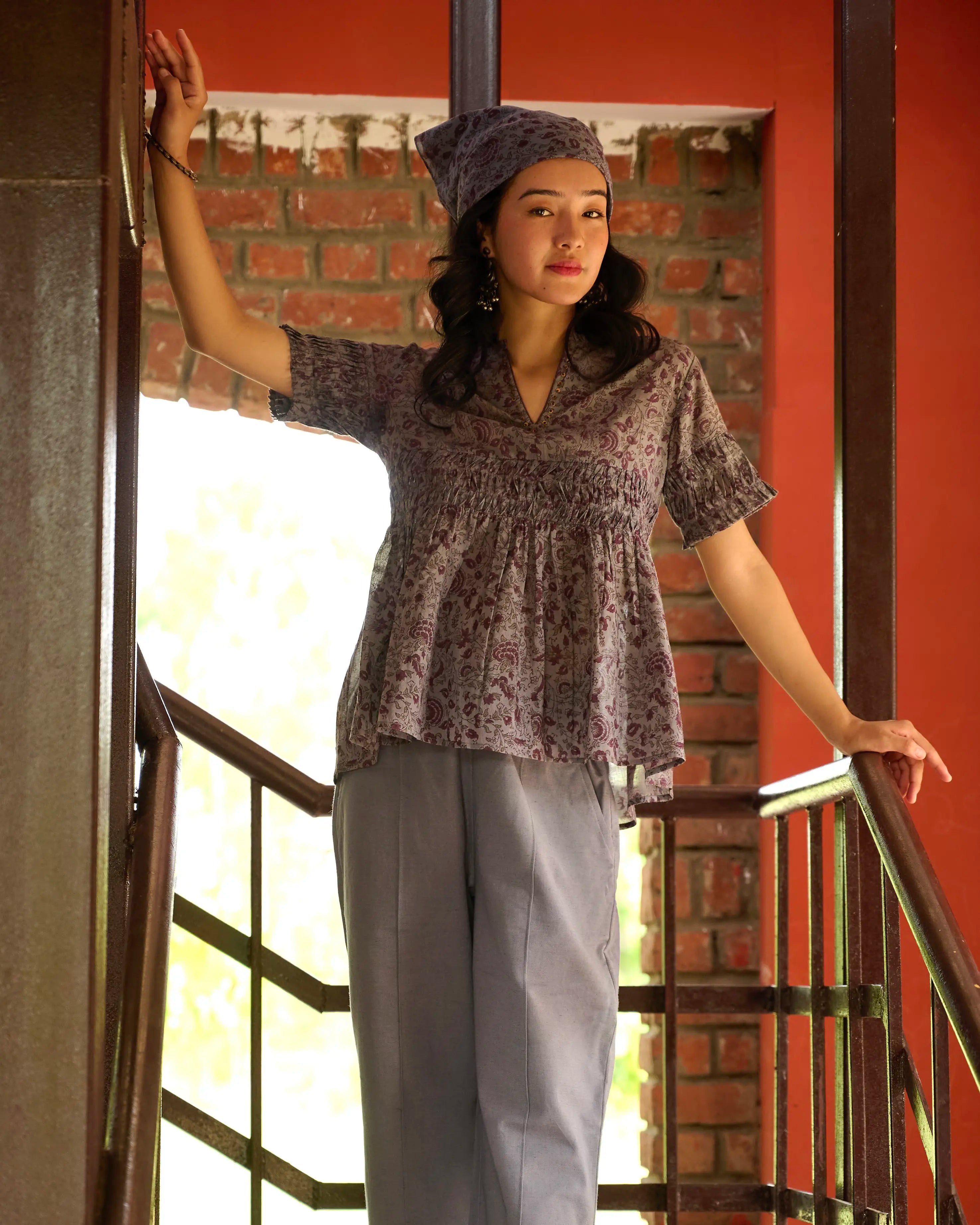 Hand Block Printed Gathered Top - Crown Blue & Purple