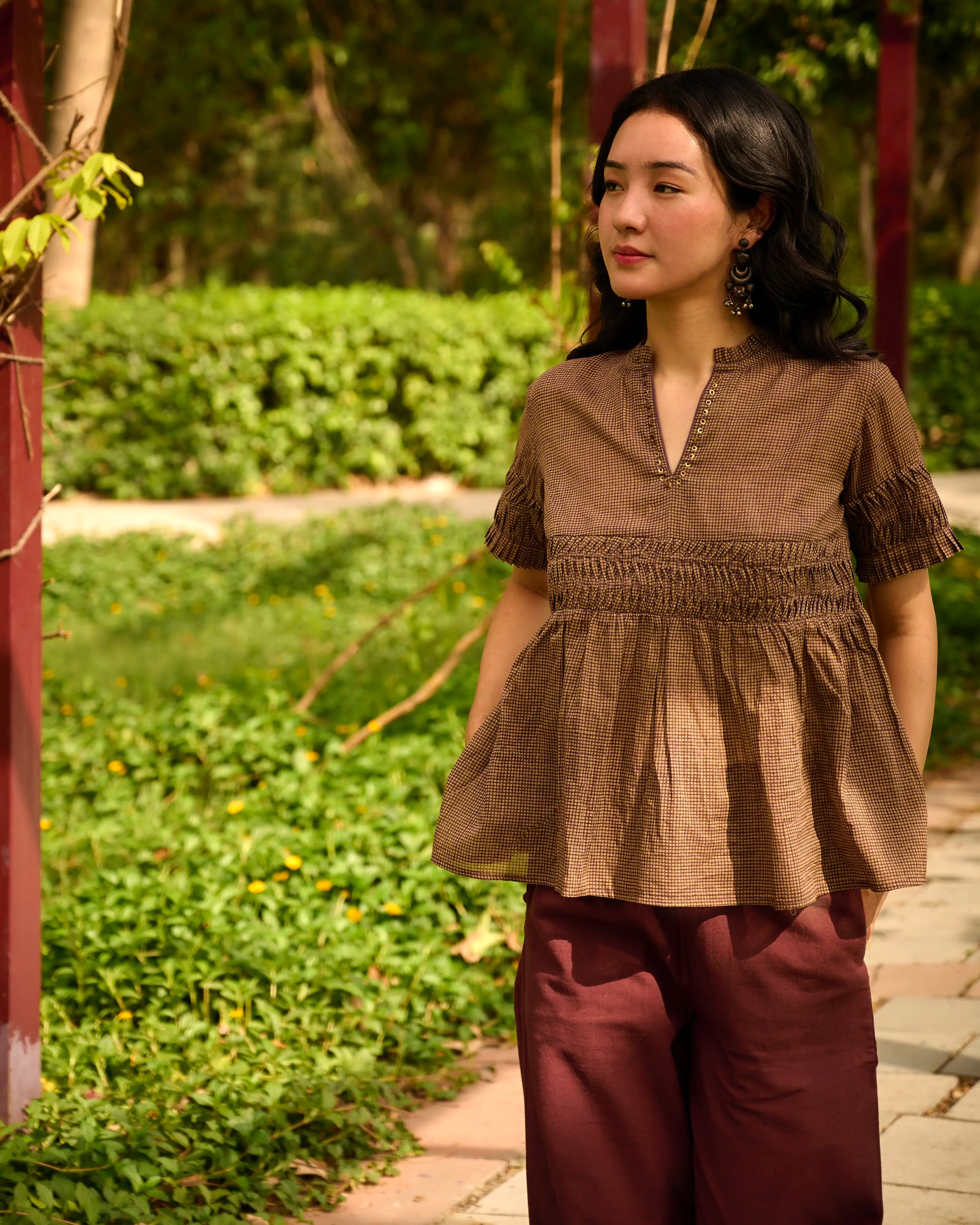 Hand Block Printed Checkered Gathered Top - Green & Maroon