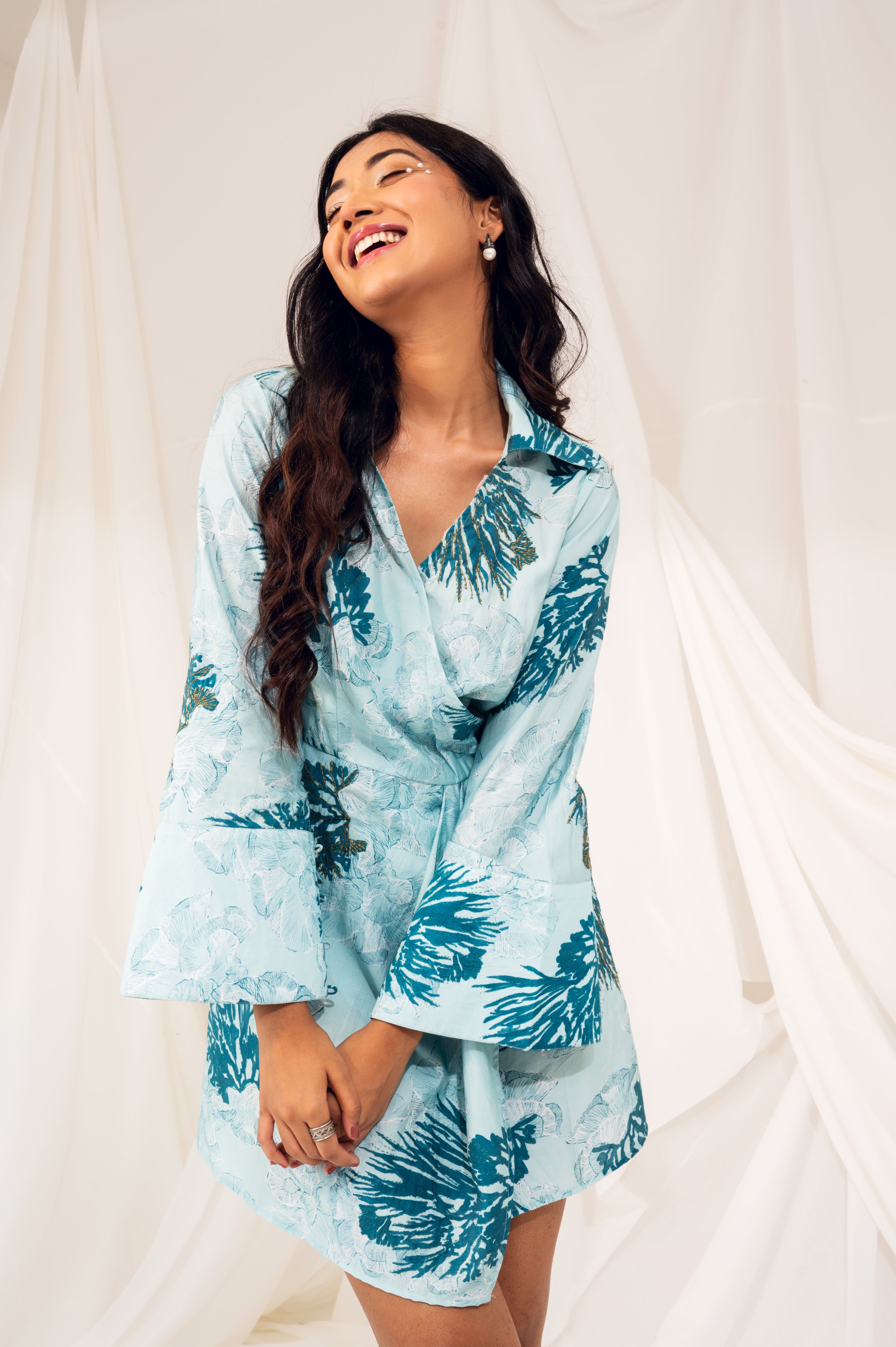 Printed Short Wrap Dress - Cadet Blue