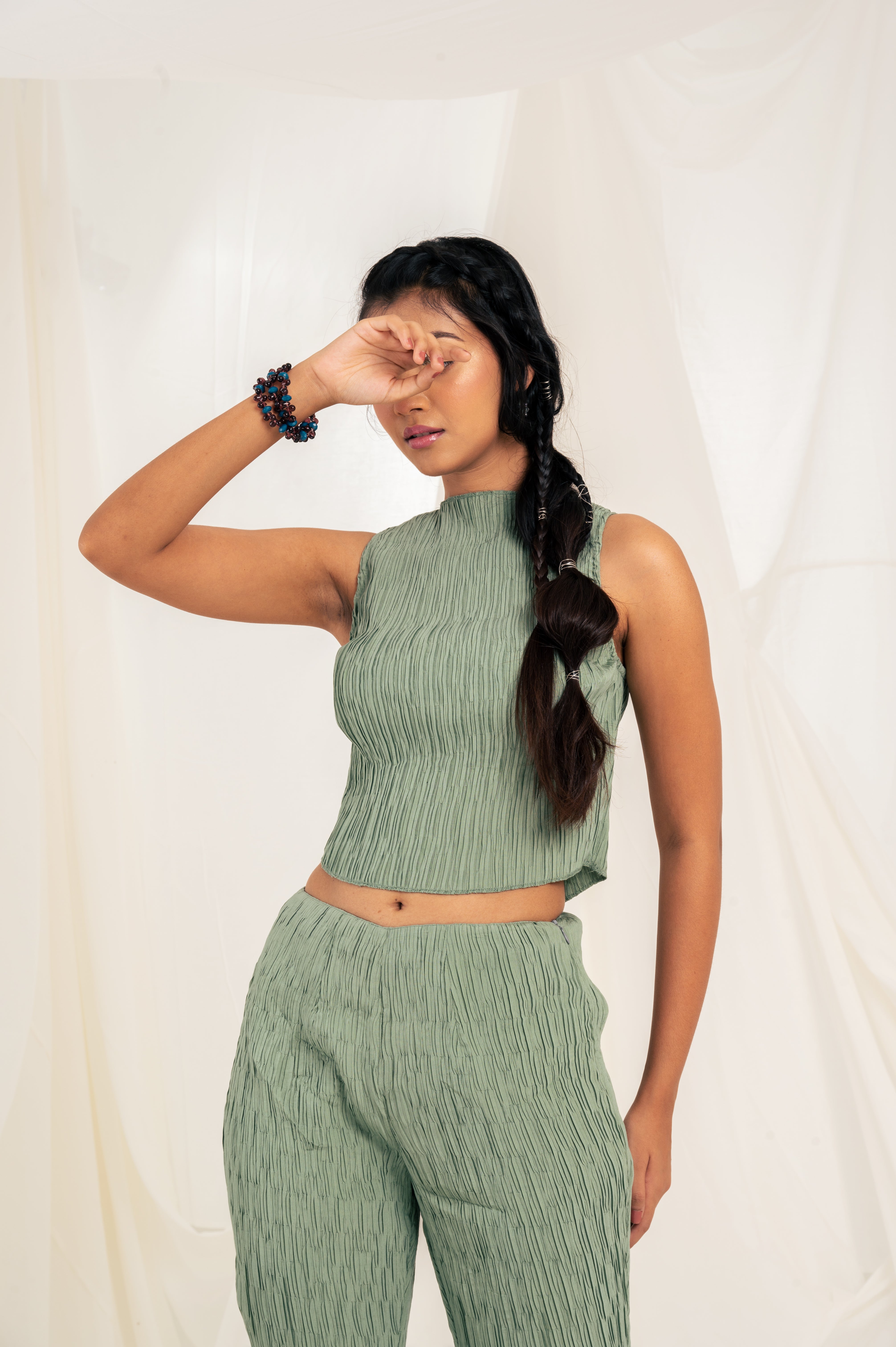 Crinkled Mock Neck Top - Sage Green