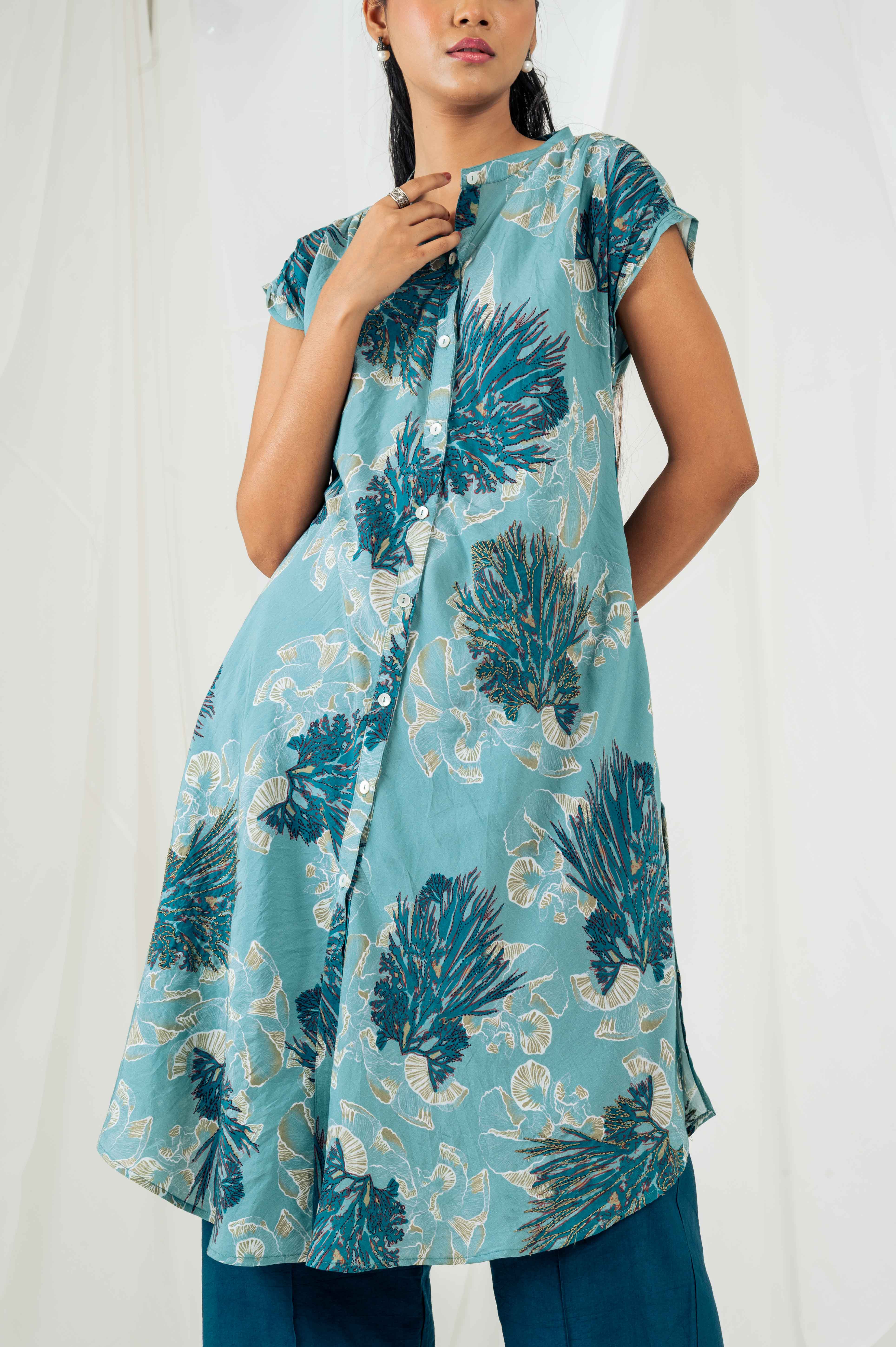 Printed Front Button Kurta - Cadet Blue
