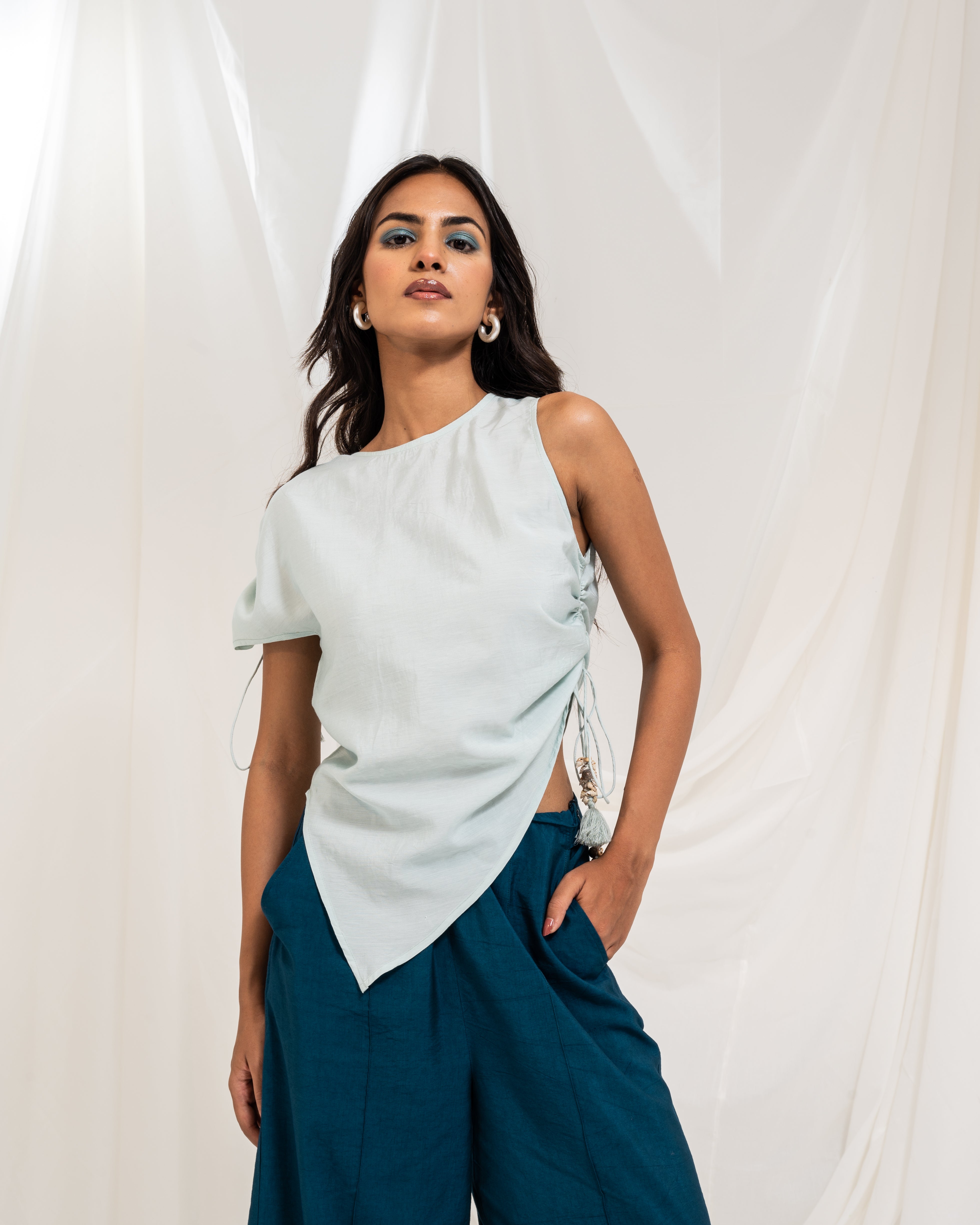 Asymmetrical Gather Top - Sky Blue
