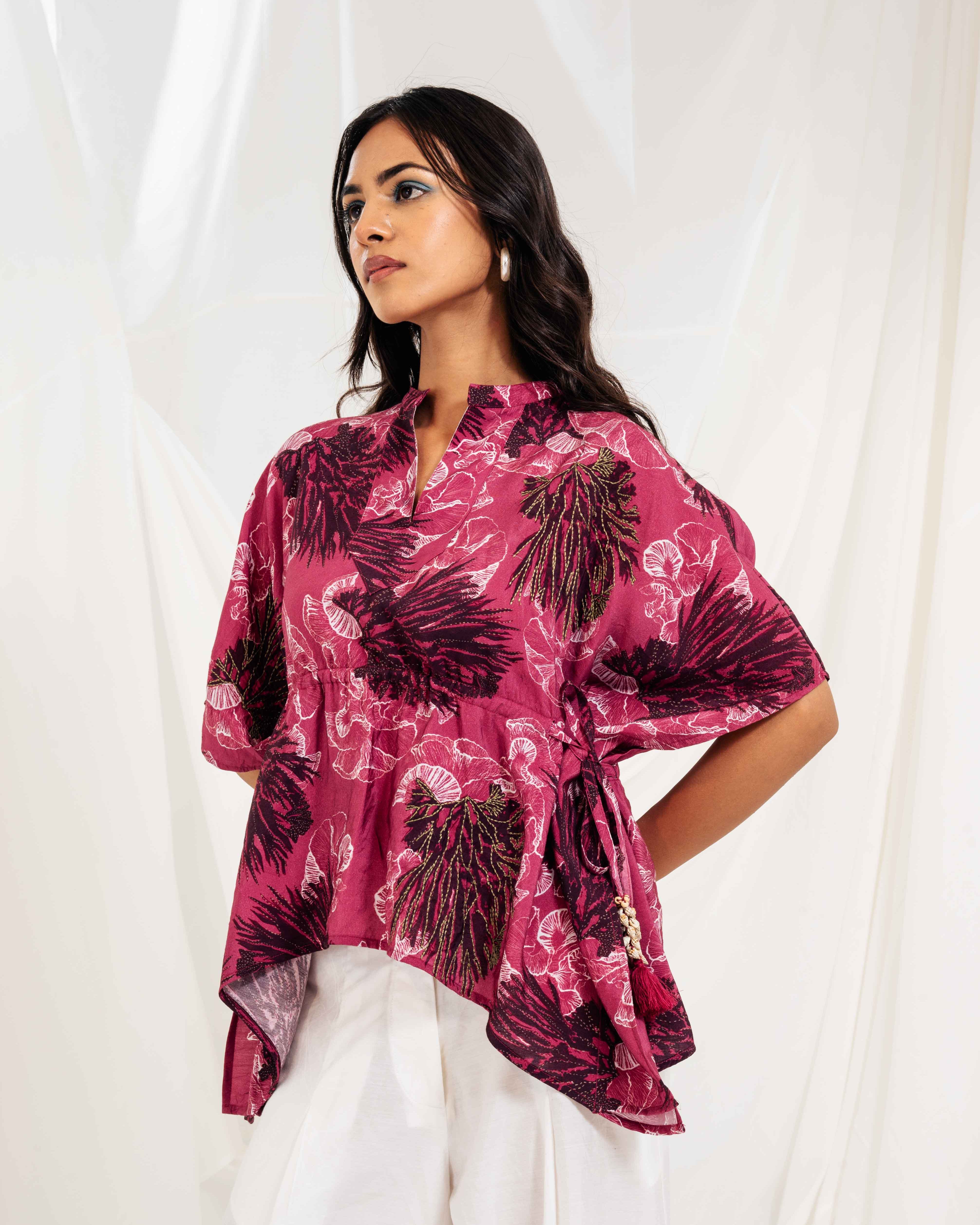 Printed Kaftan Top - Deep Pink