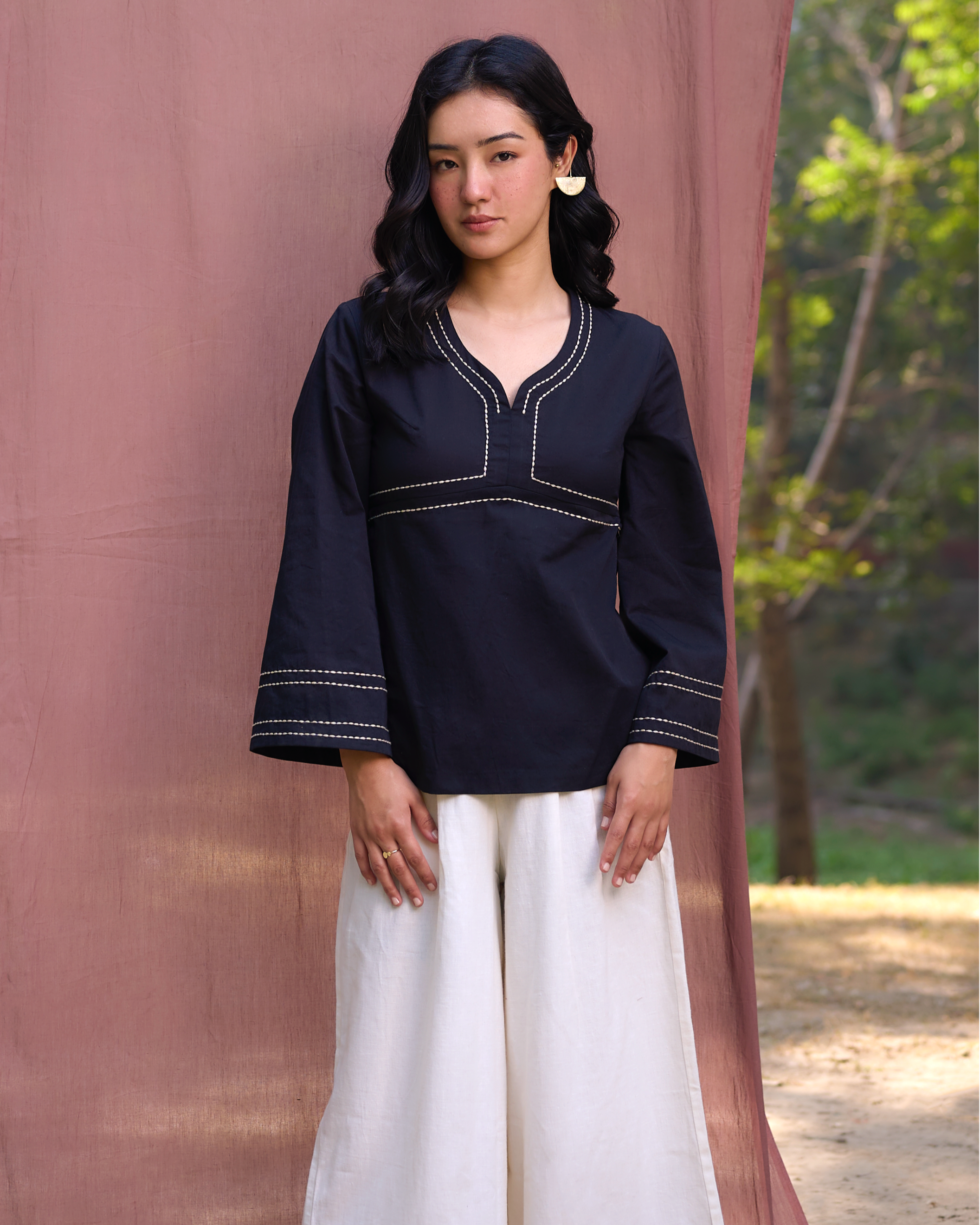 Kantha Embroidered High Slit Top - Black