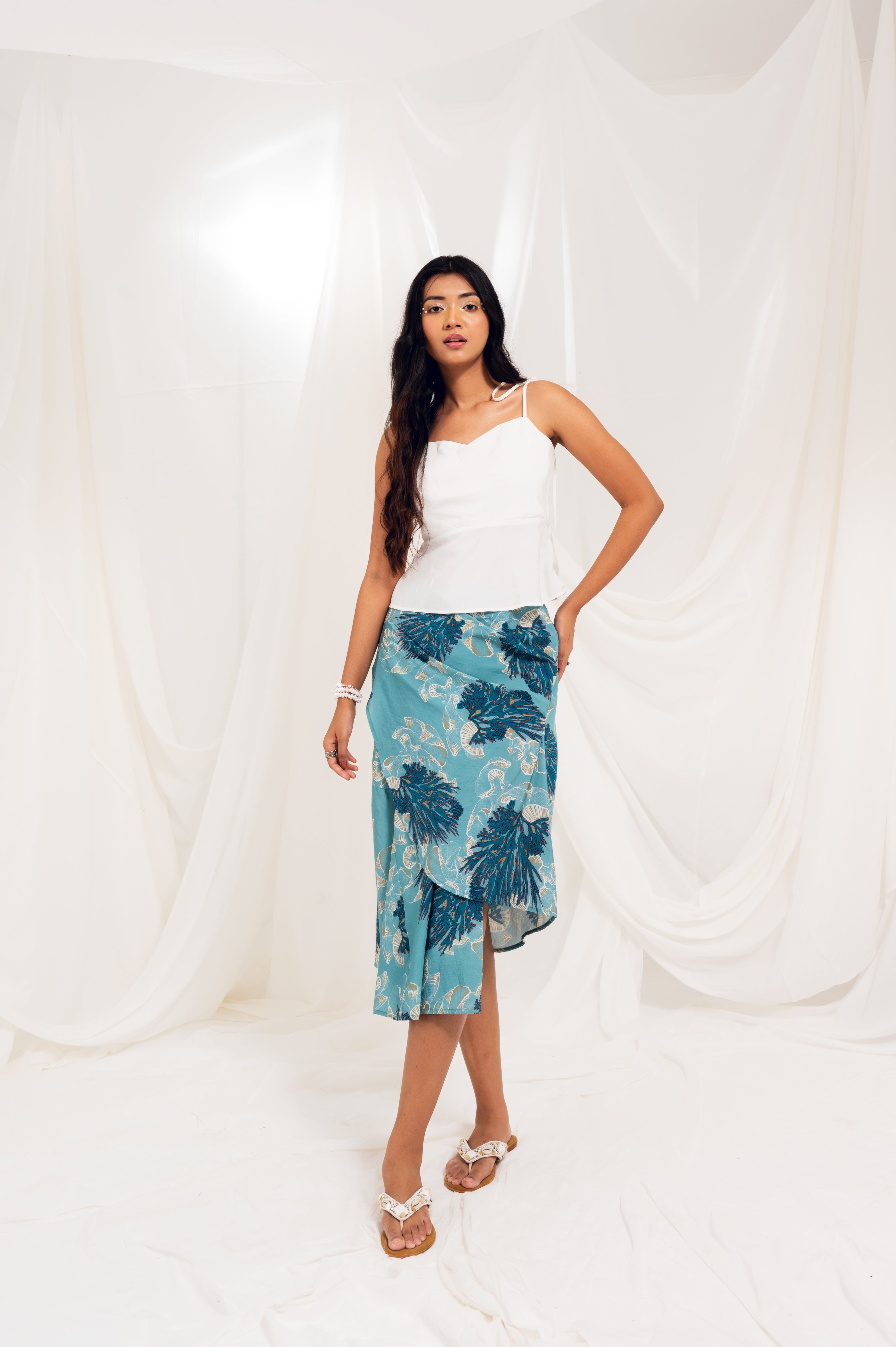 Printed Draped Skirt - Cadet Blue