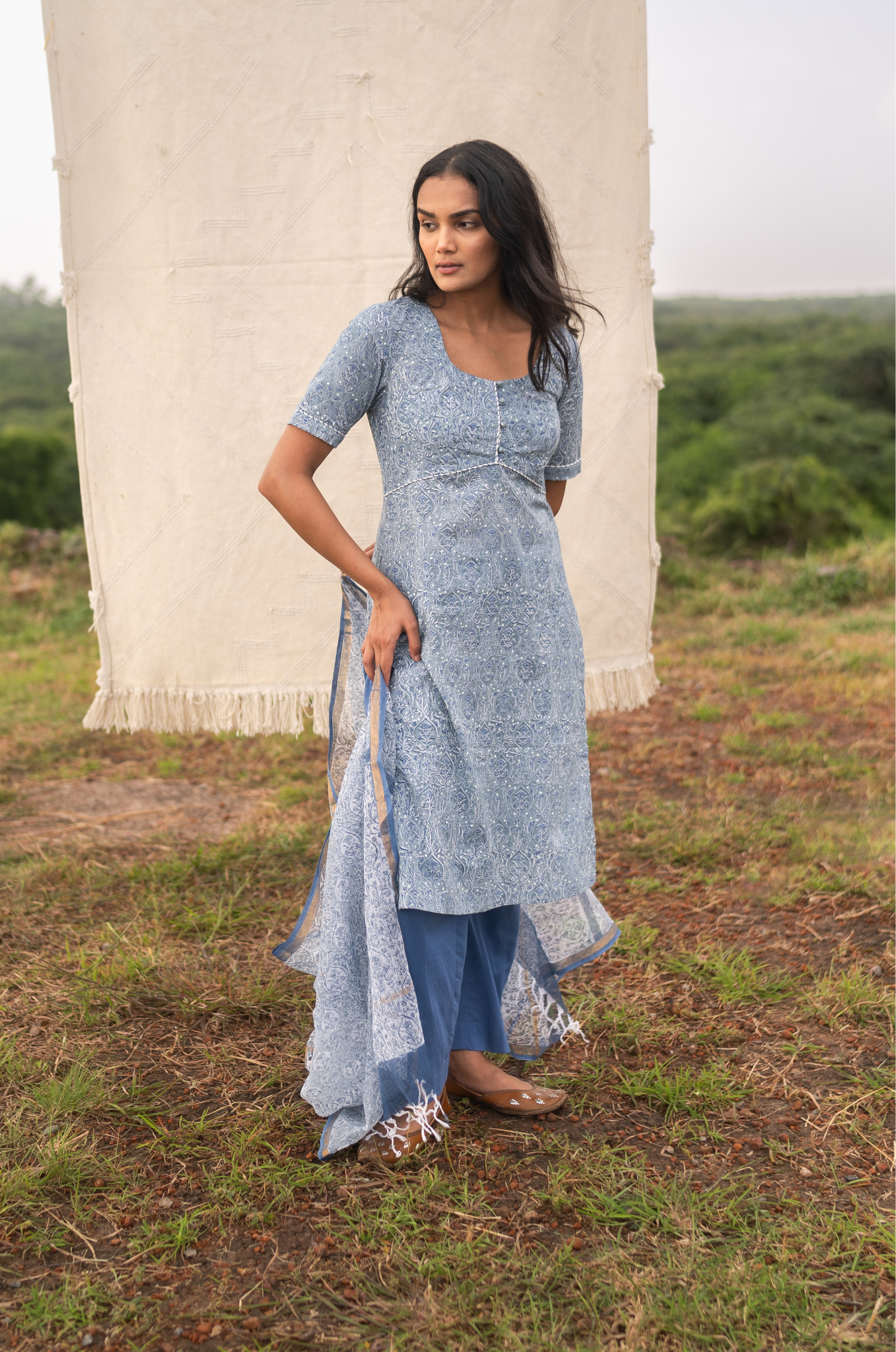 Hand Block Printed Straight Fit Suit Set - Endless Sky