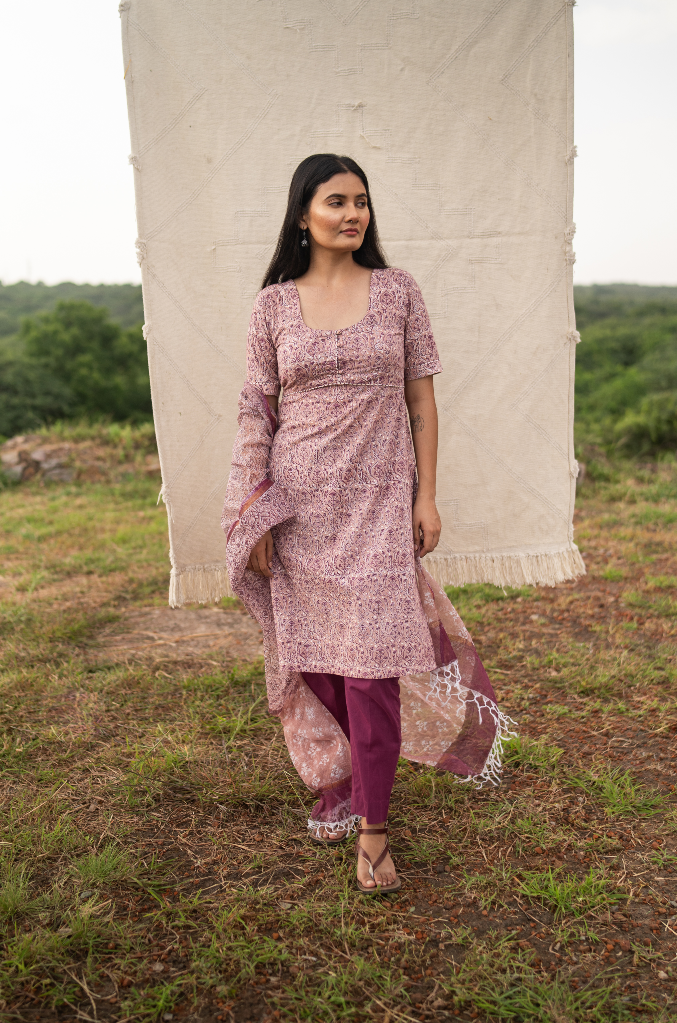 Hand Block Printed Straight Fit Suit Set - Salsa Rose