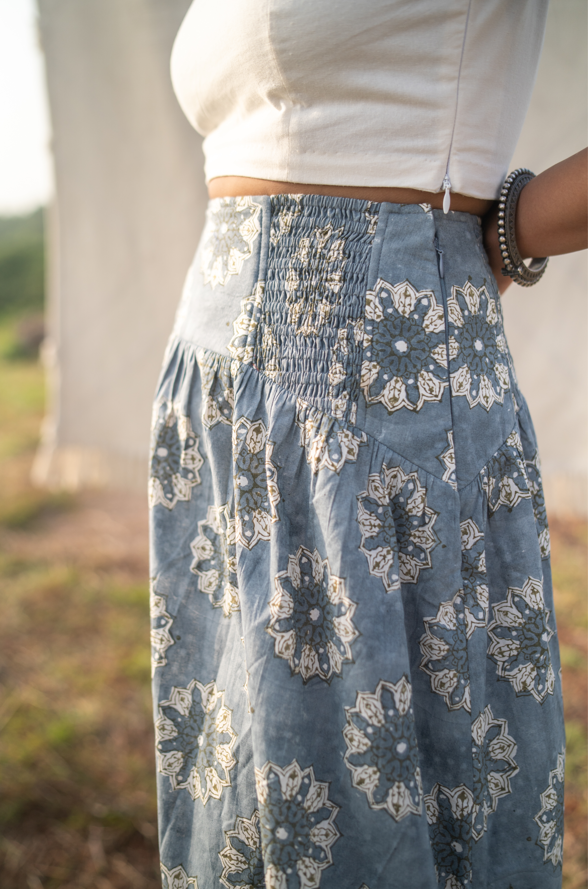 Hand Block Printed Midi Skirt - Endless Sky