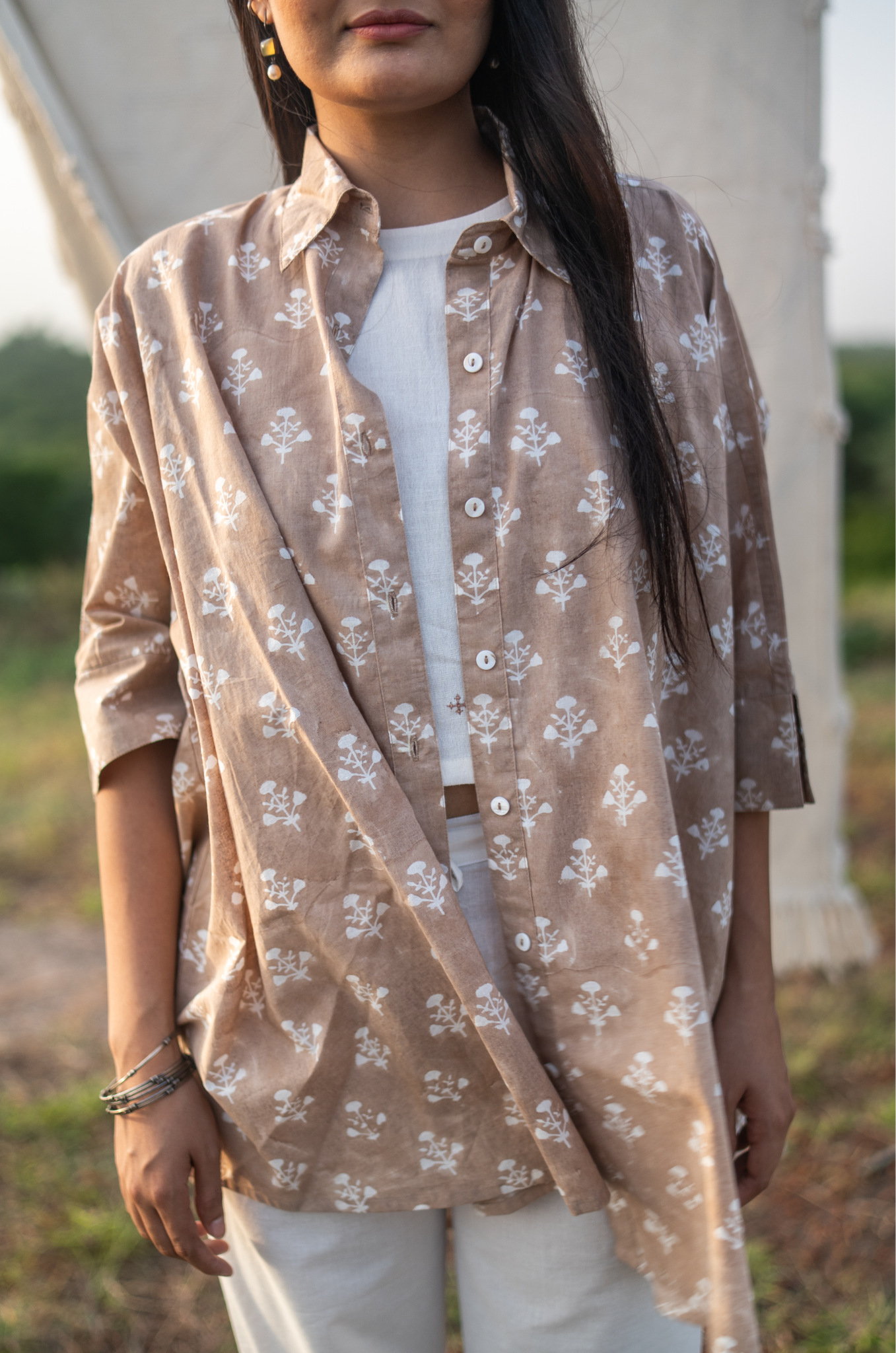 Hand Block Printed Oversized Shirt - Brazilian Sand