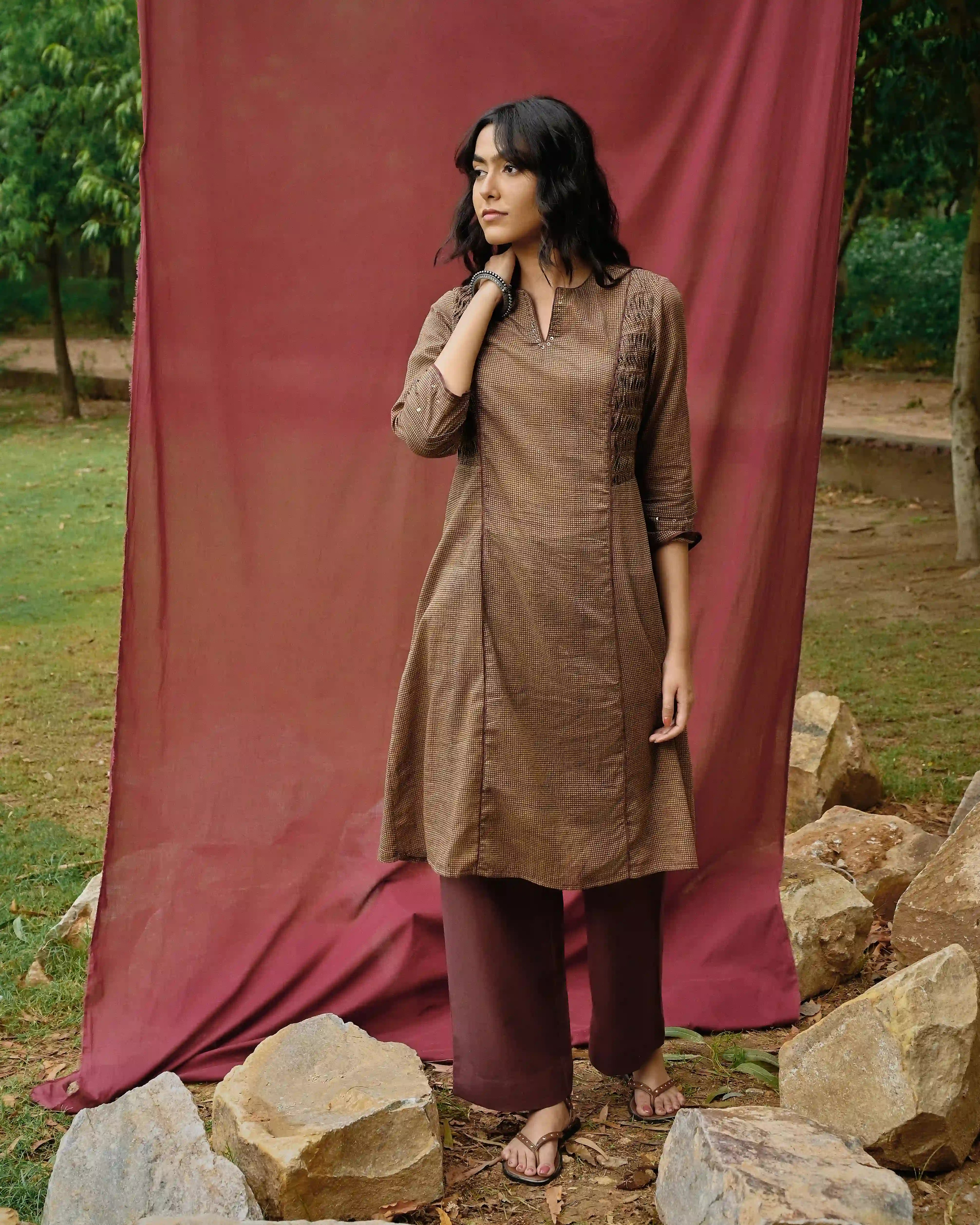 Hand Block Printed Checkered Side Pleating Kurta - Brown