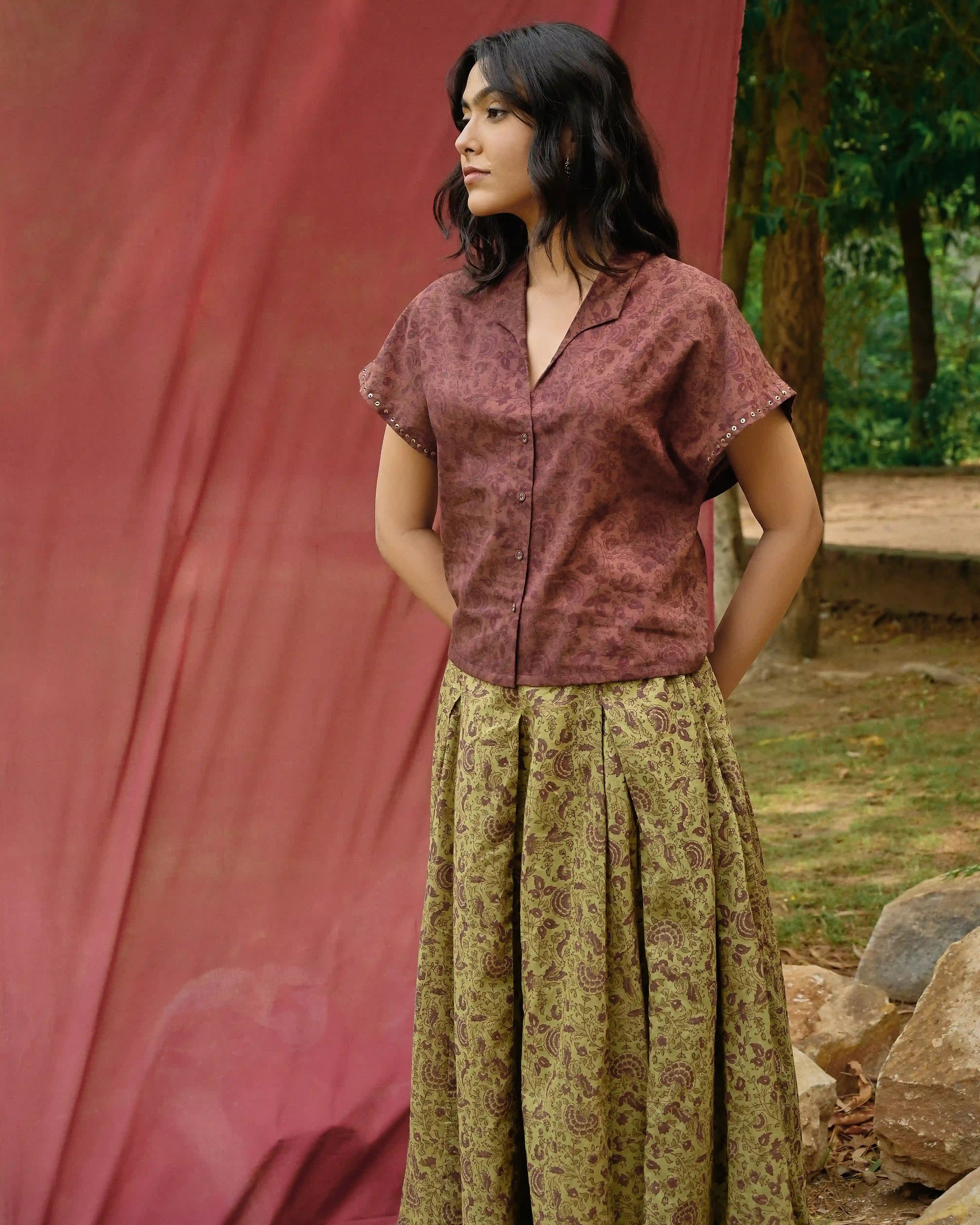 Hand Block Printed Drop Shoulder Shirt - Maroon