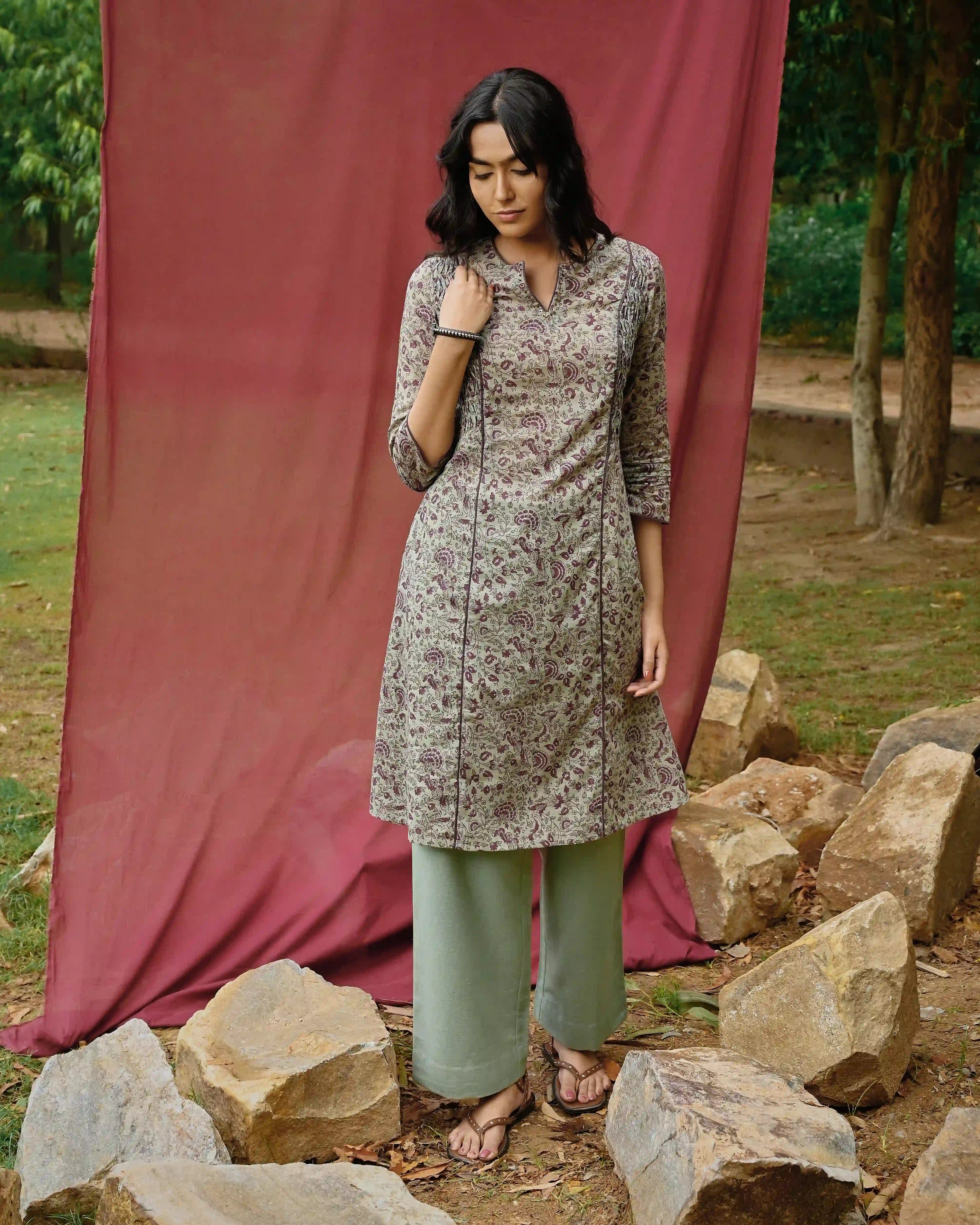 Hand Block Printed Side Pleating Kurta - Teal & Purple