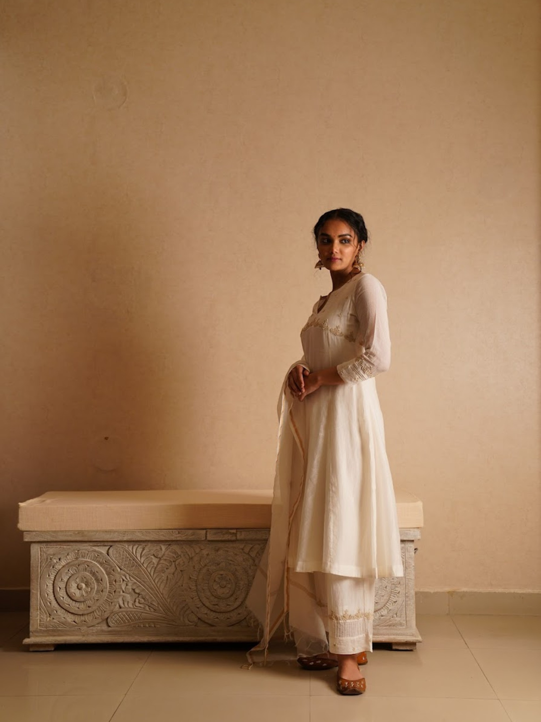 Resham Embroidered A Line Suit Set - White