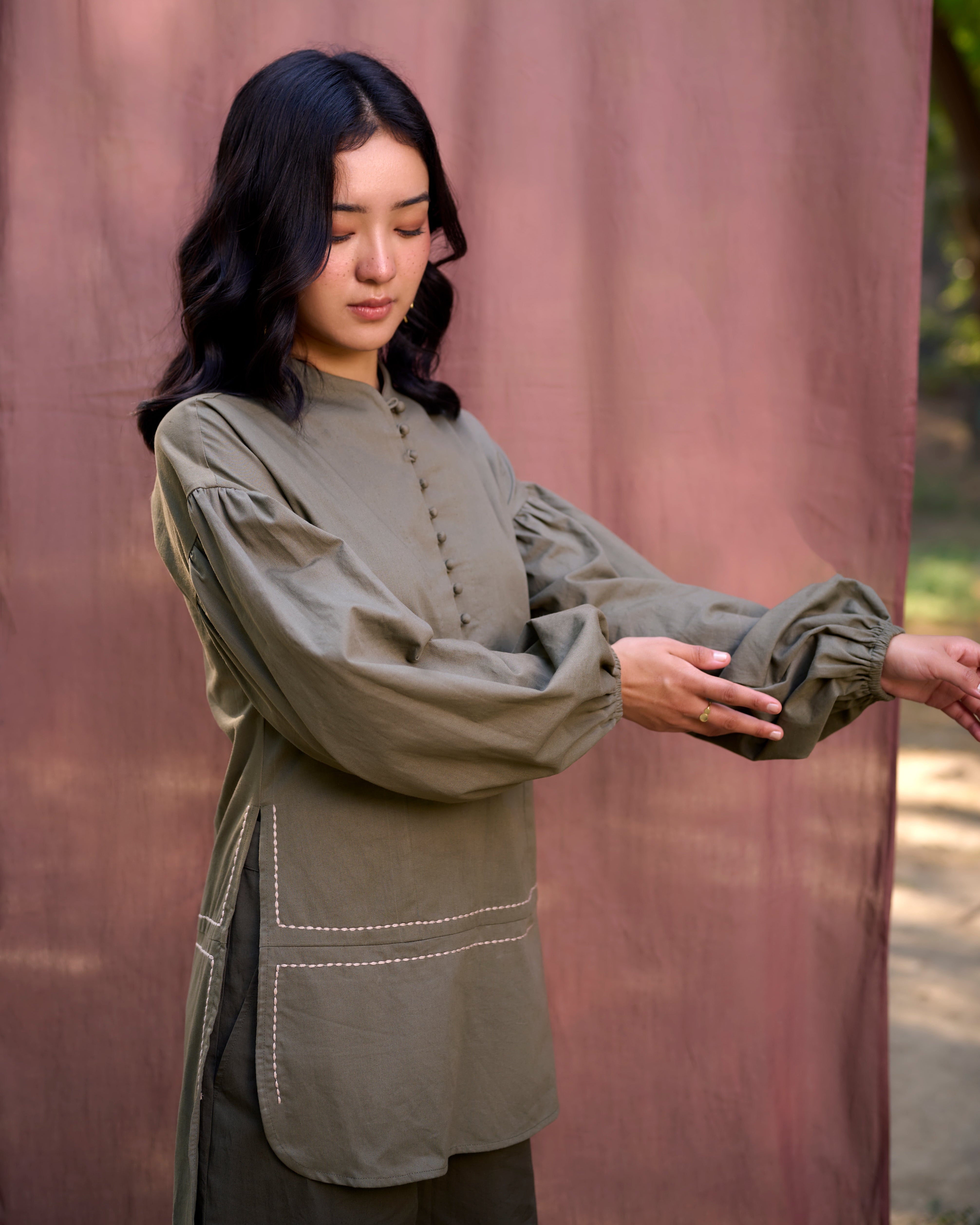 Kantha Embroidered Bishop Sleeves Top - Earthy Olive