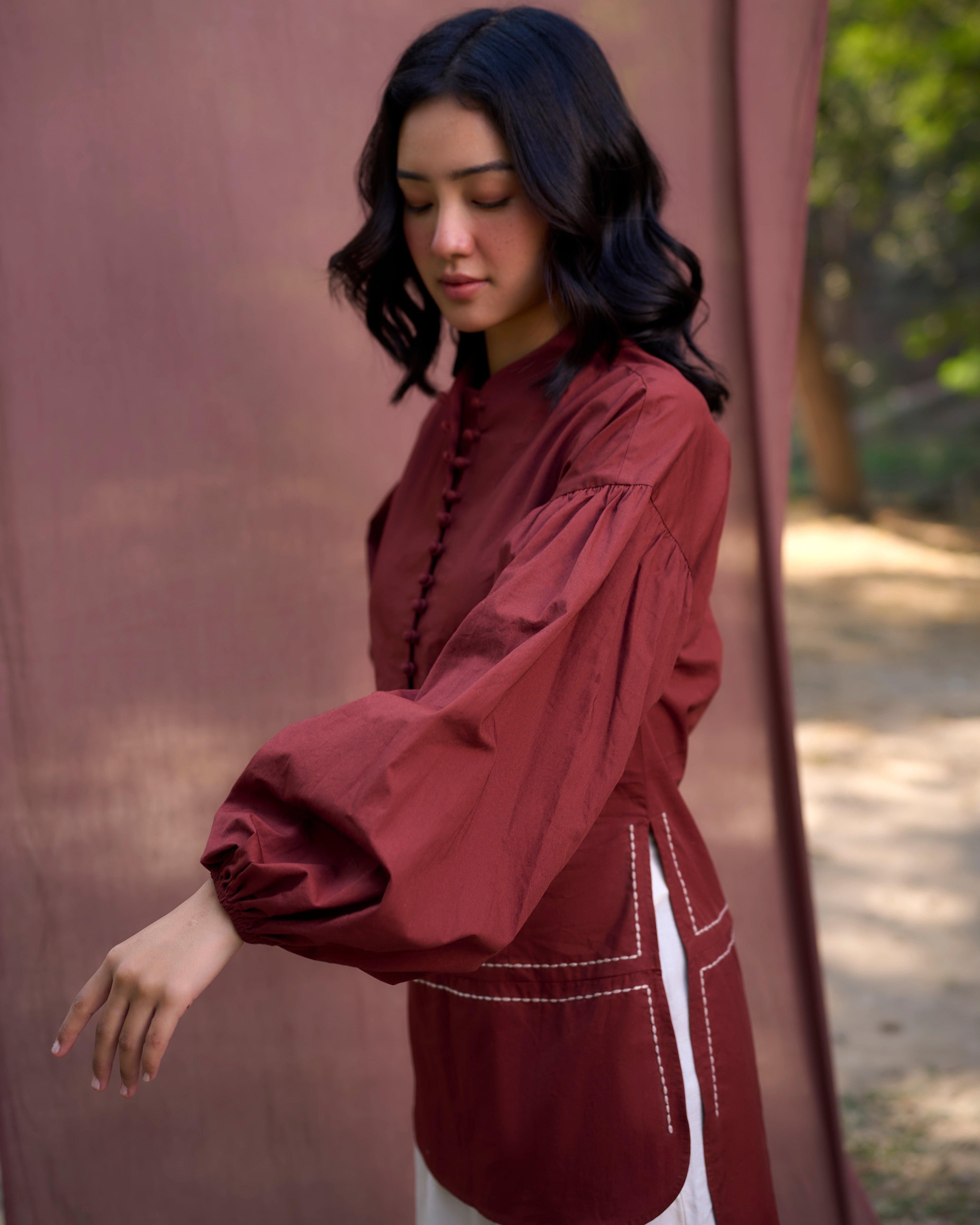 Kantha Embroidered Bishop Sleeves Top - Burnt Orange