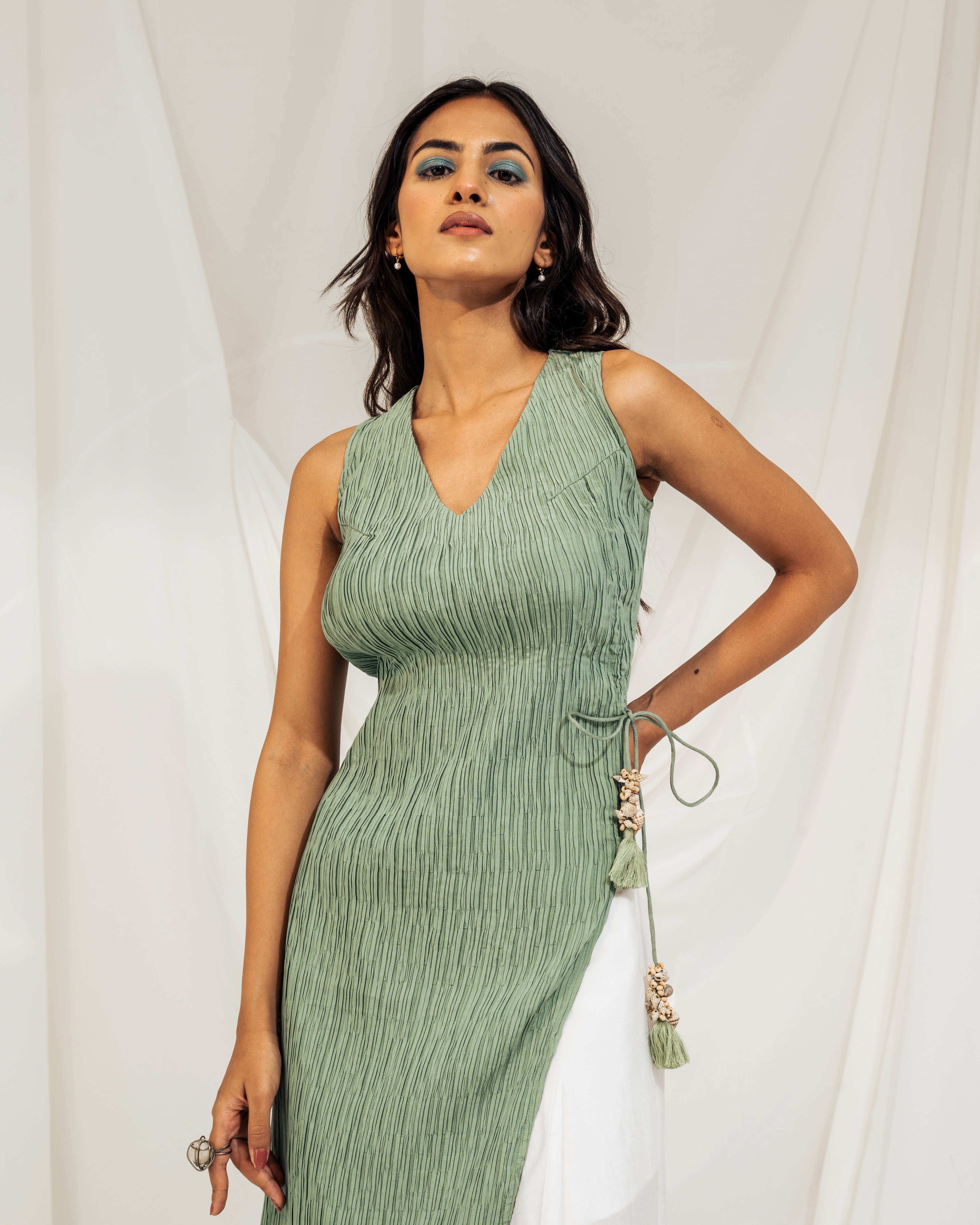 Crinkled Asymmetrical Tunic - Sage Green