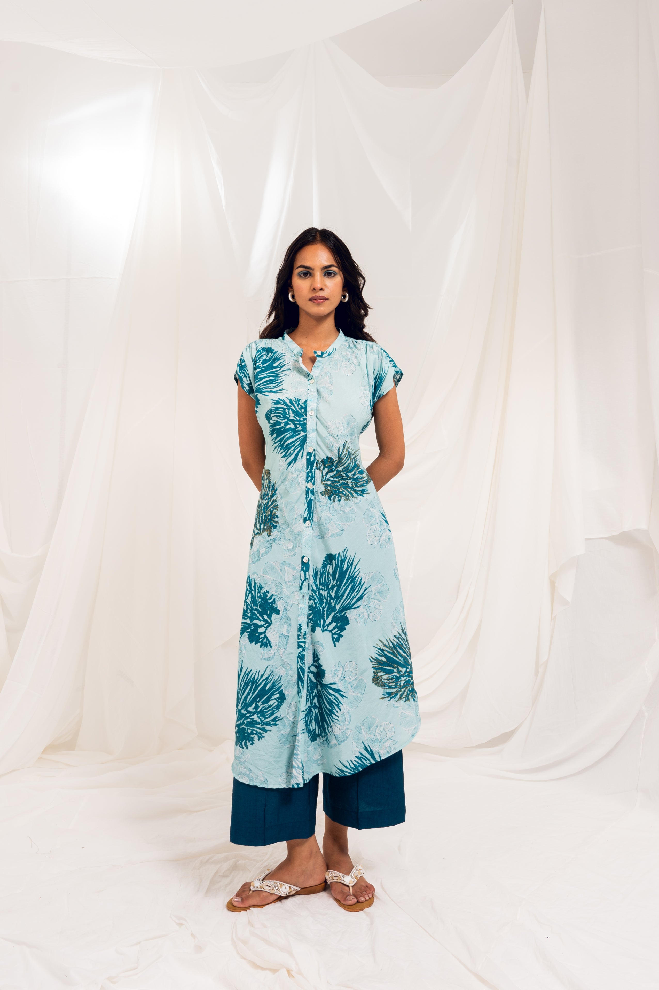 Printed Front Button Kurta - Sky Blue