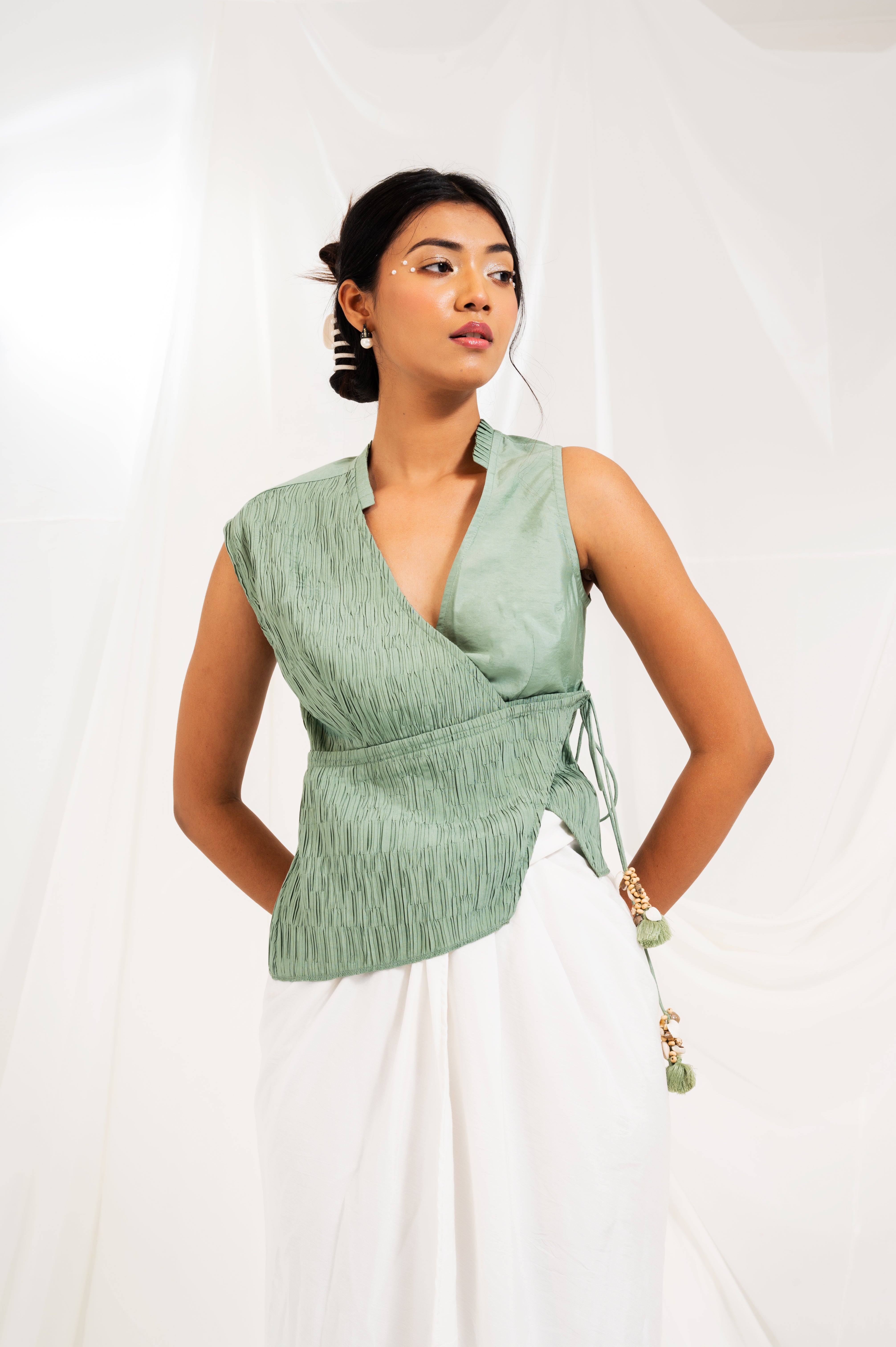 Crinkled Asymmetrical Tie Top - Sage Green