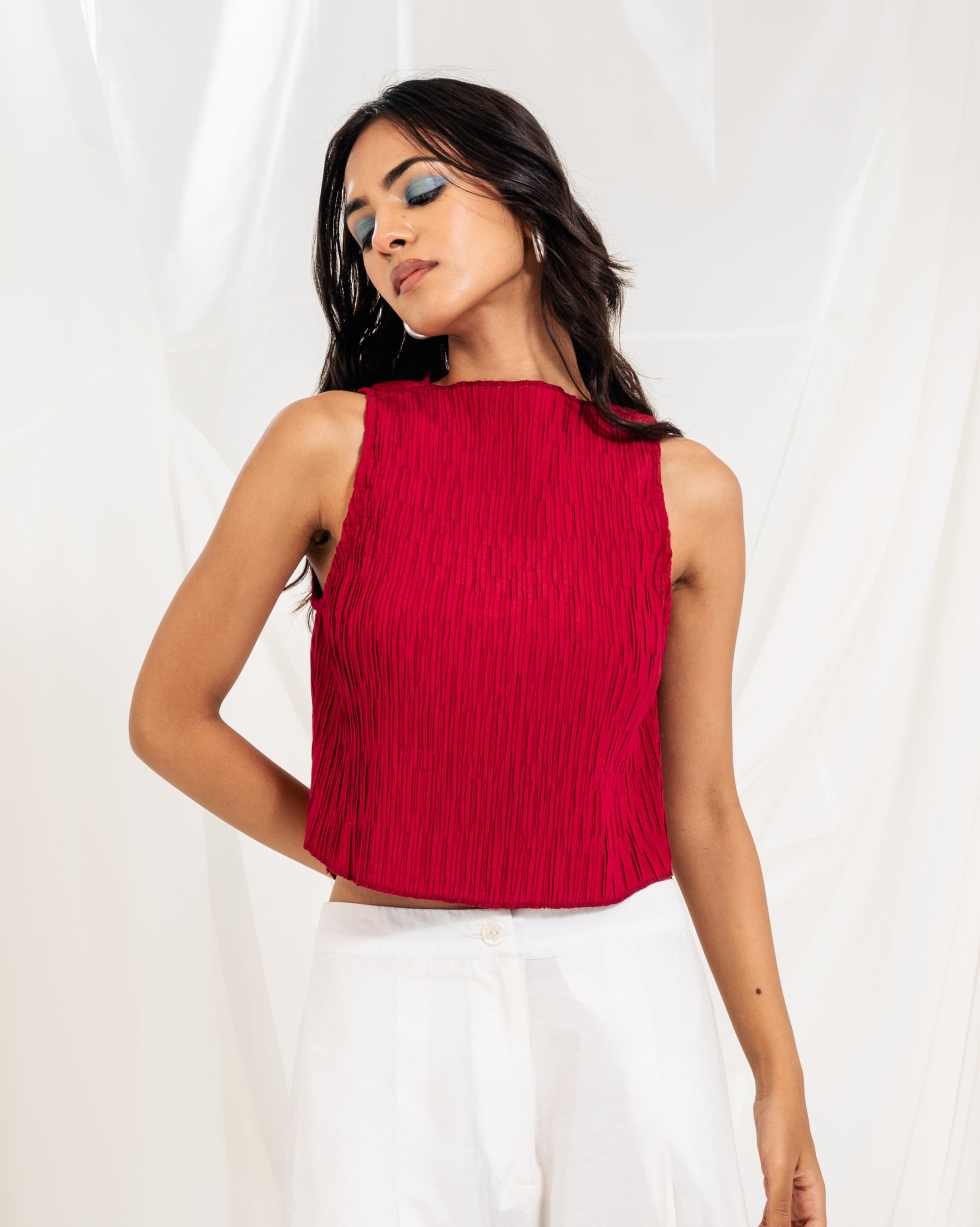 Crinkled Mock Neck Top - Deep Pink