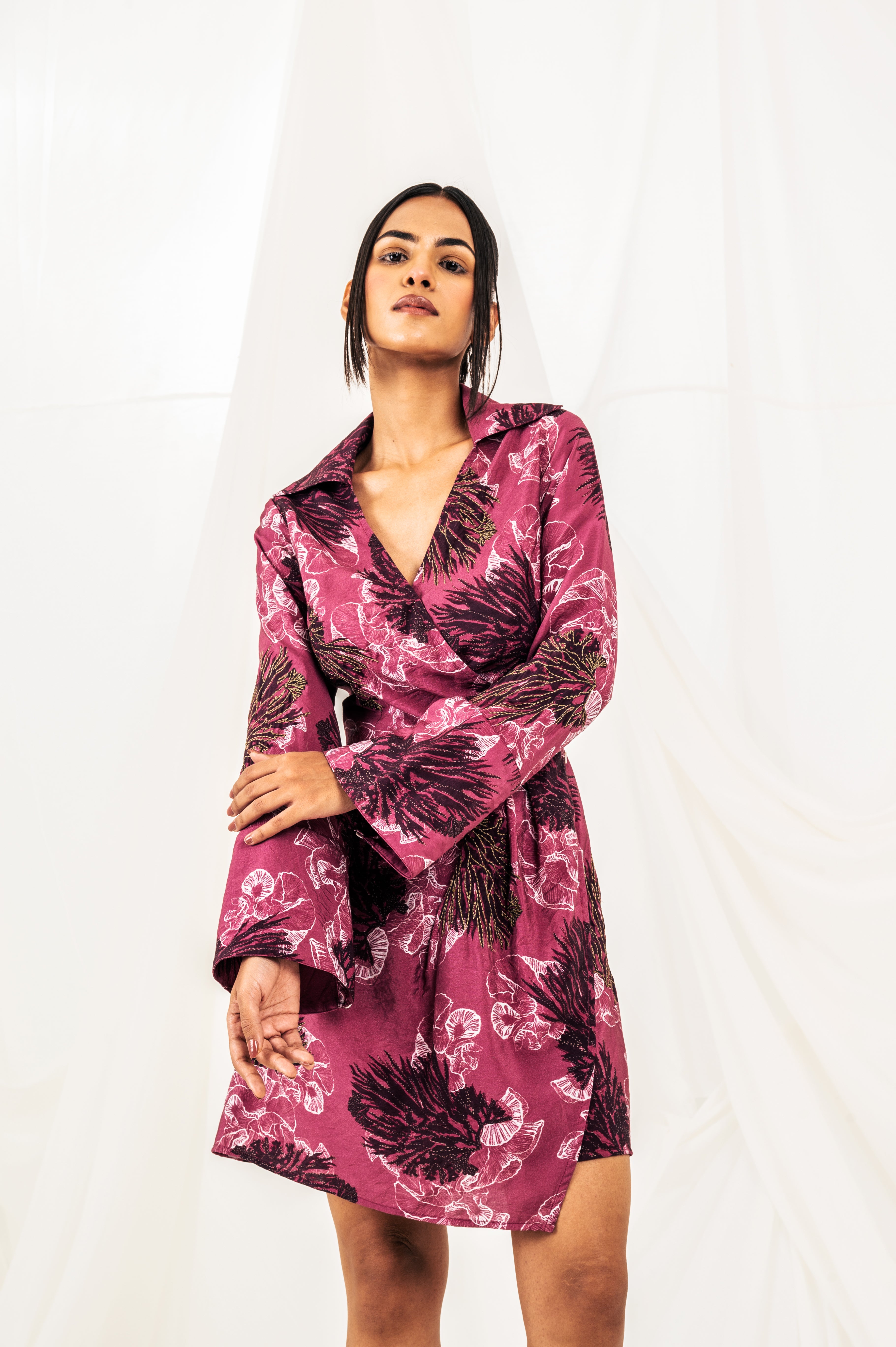 Printed Short Wrap Dress - Deep Pink