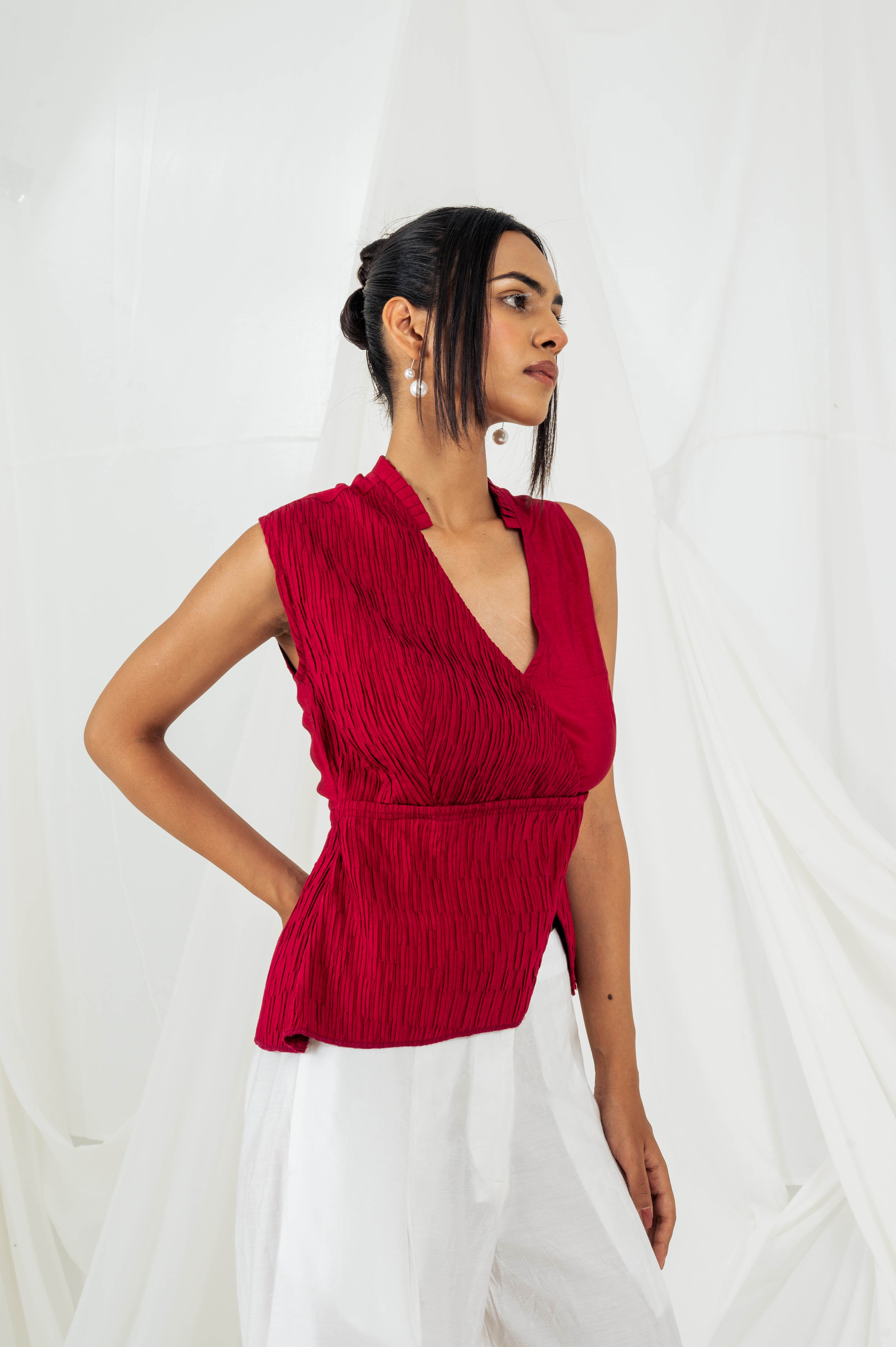 Crinkled Asymmetrical Tie Top - Deep Pink