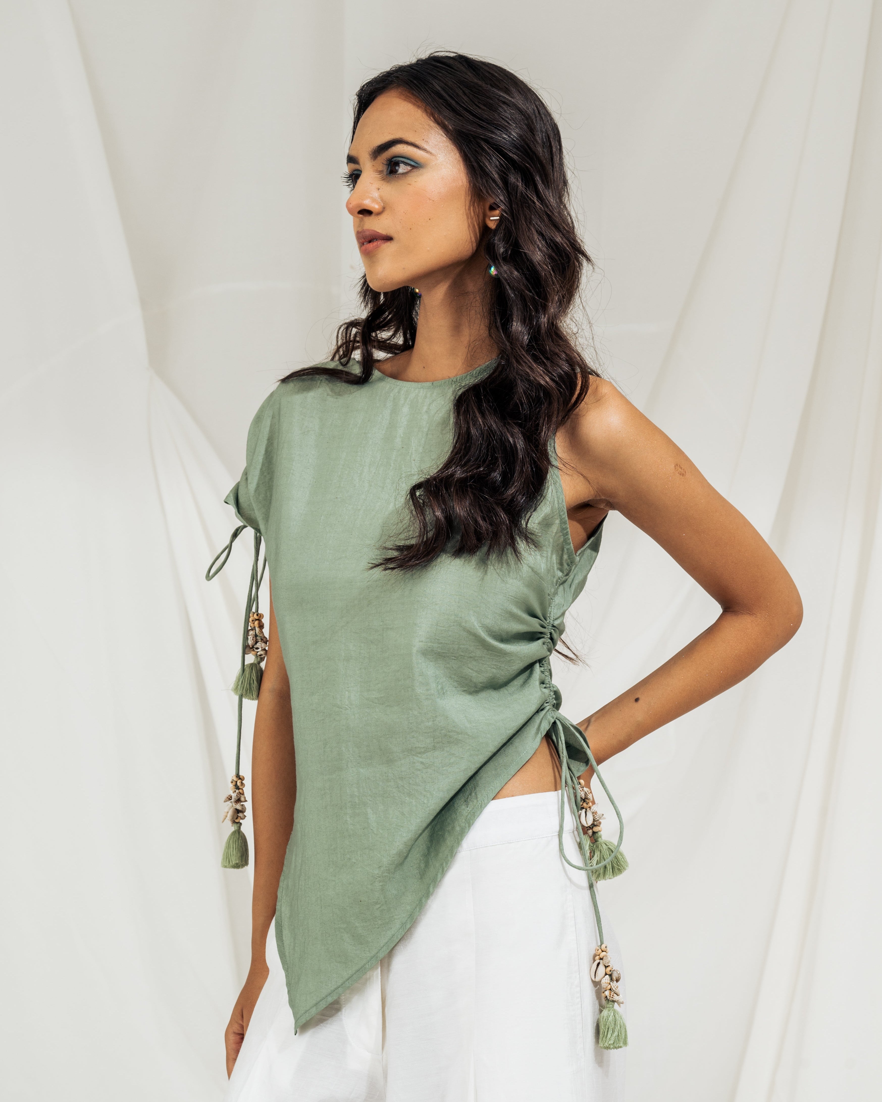 Asymmetrical Gather Top - Sage Green