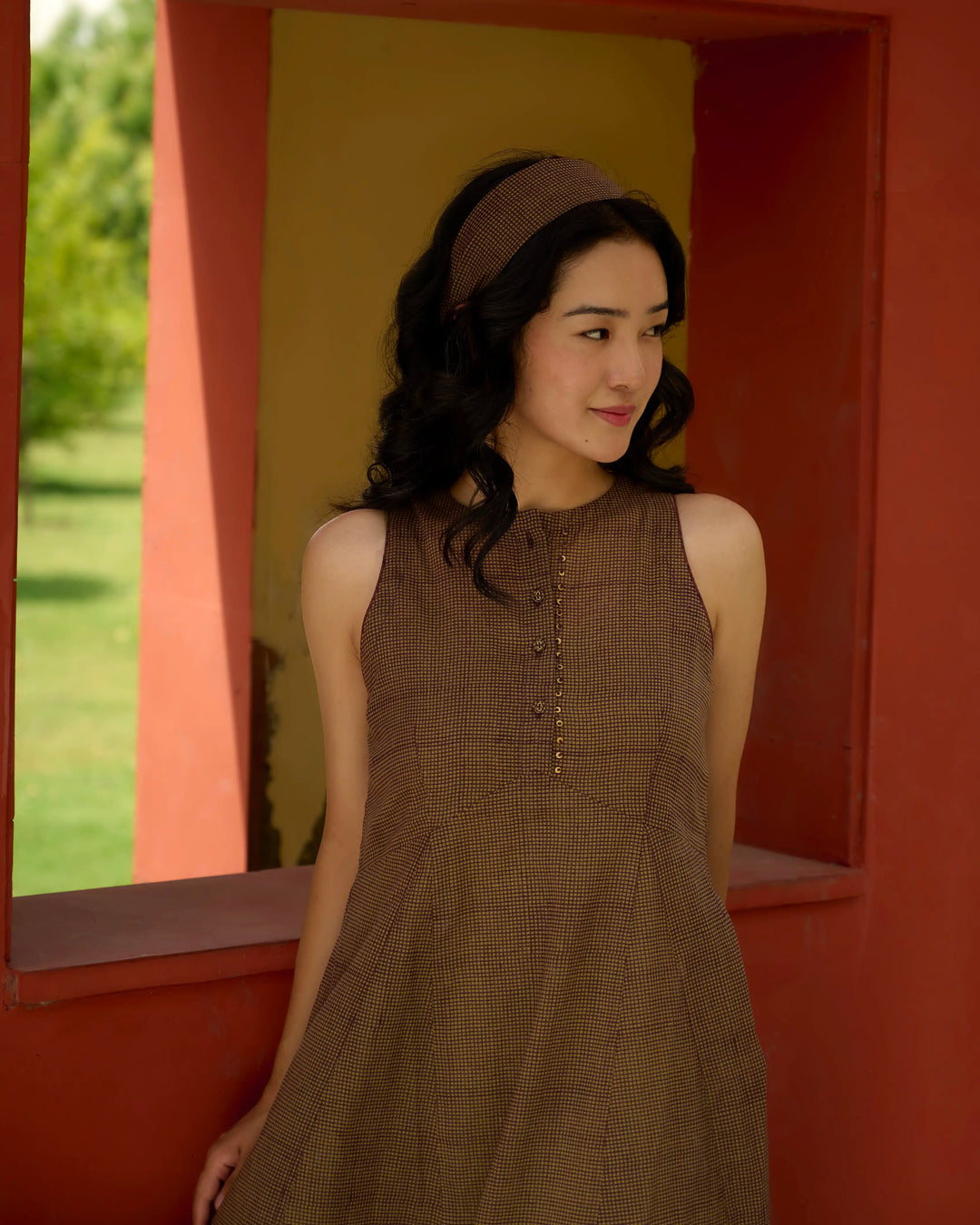 Hand Block Printed Checkered Midi Dress - Green & Maroon