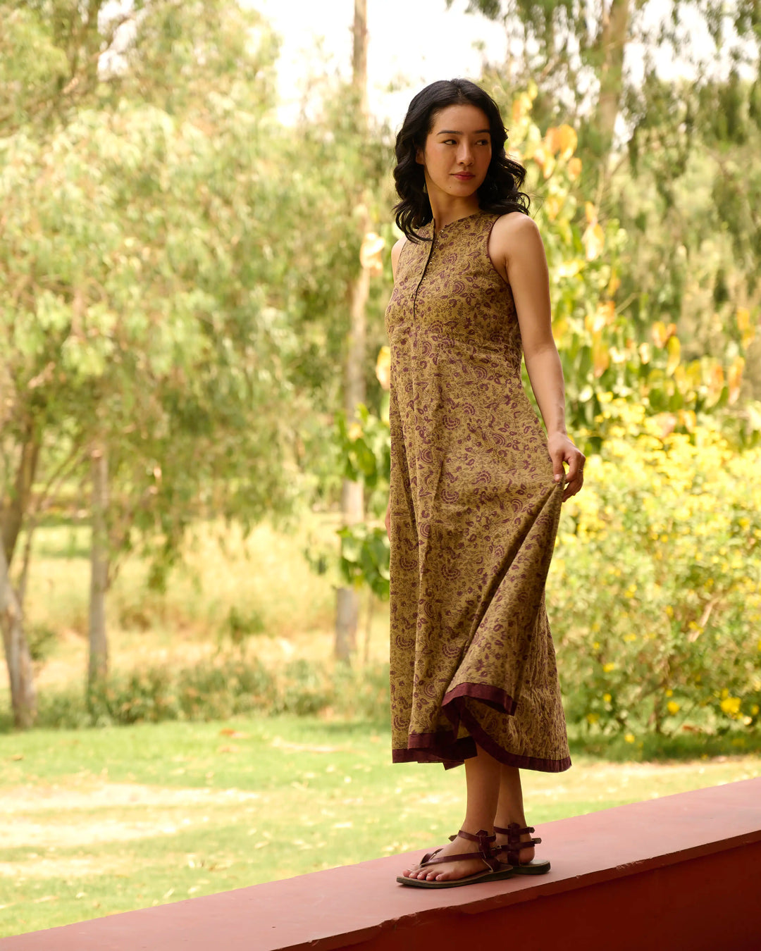 Hand Block Printed Midi Dress - Green & Purple