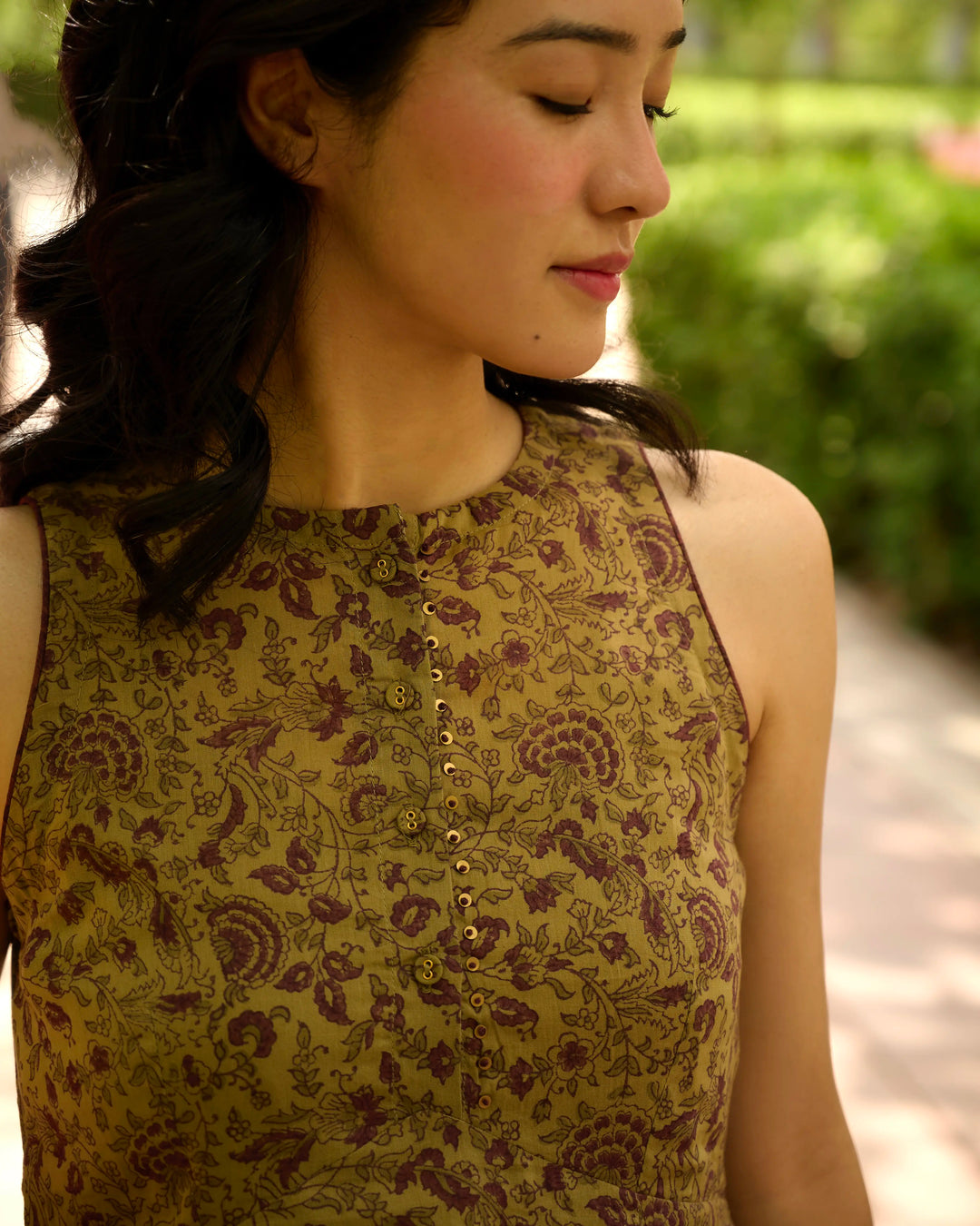 Hand Block Printed Midi Dress - Green & Purple