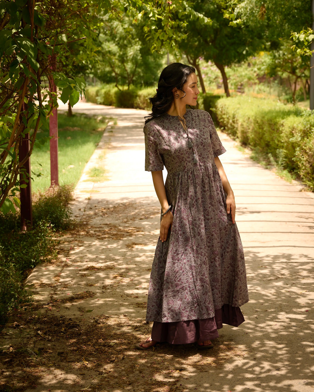 Hand Block Printed Long Dress - Crown Blue & Purple