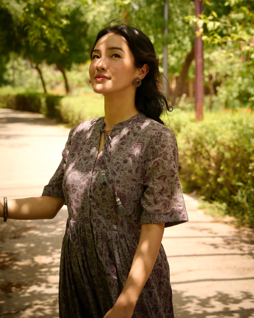 Hand Block Printed Long Dress - Crown Blue & Purple