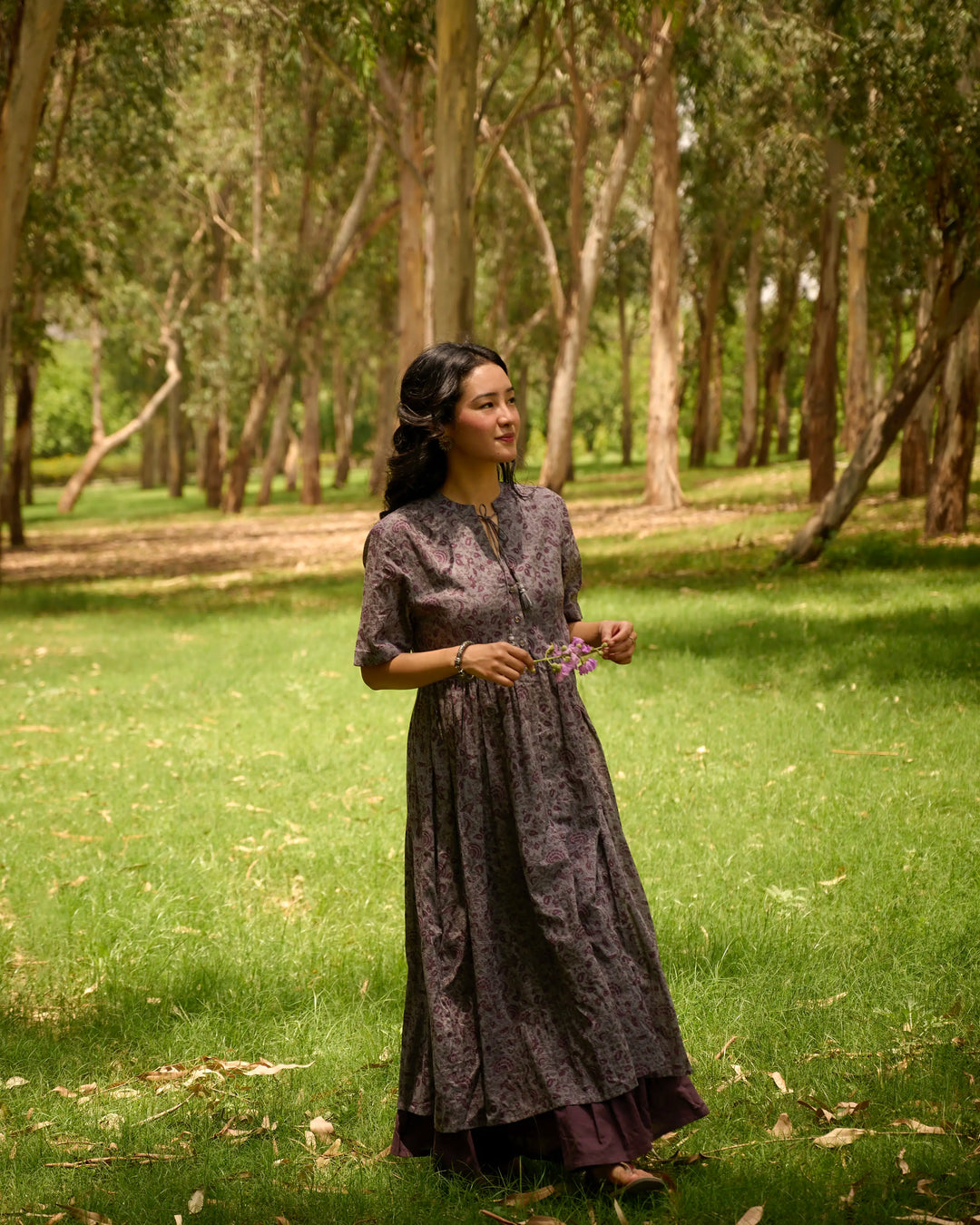 Hand Block Printed Long Dress - Crown Blue & Purple