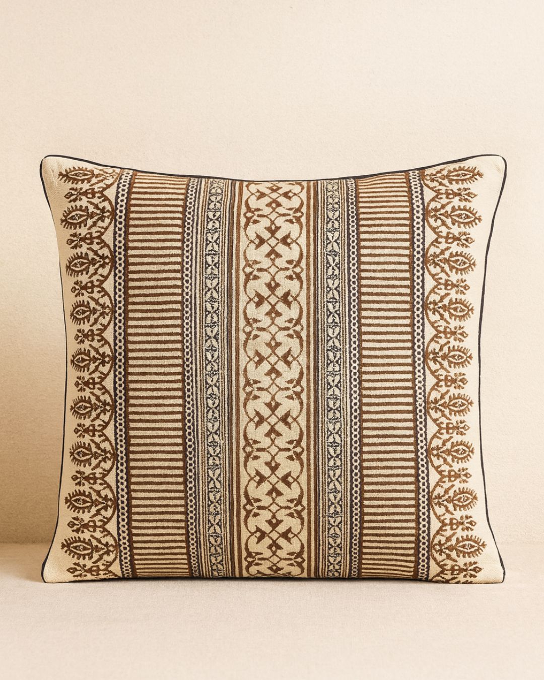 Bagh - Hand Block Printed Cushion Cover - Beige & White