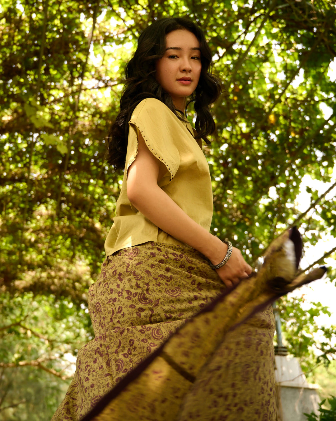 Hand Block Printed Pleated Skirt - Green & Purple