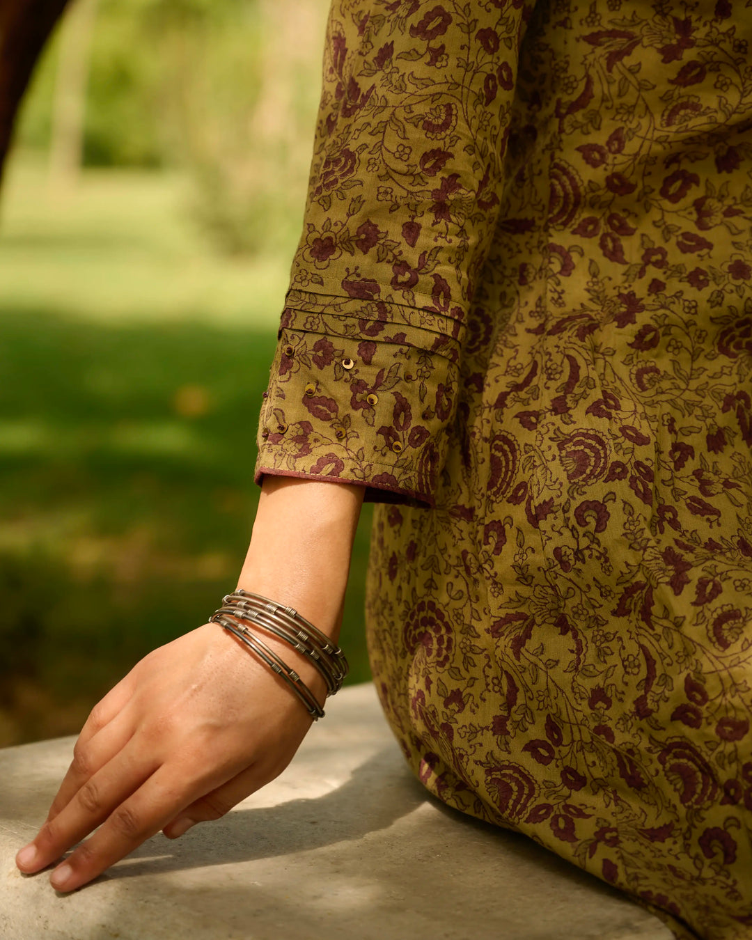 Hand Block Printed Slit Button Up Kurta - Green & Purple
