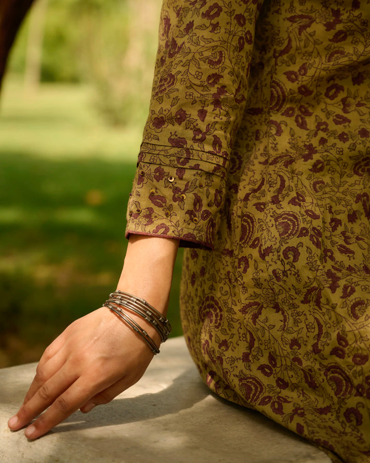 Hand Block Printed Slit Button Up Kurta - Green & Purple