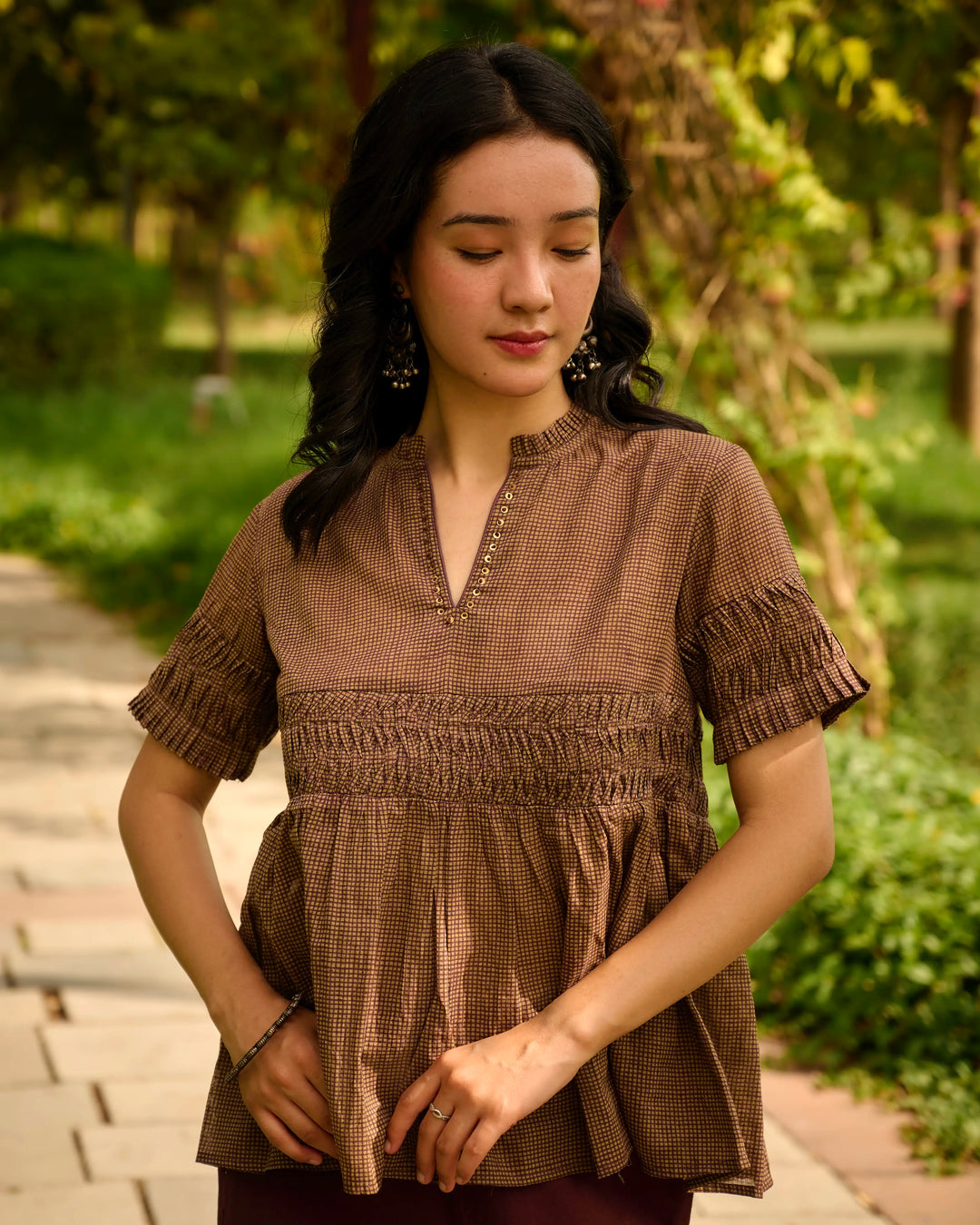 Hand Block Printed Checkered Gathered Top - Green & Maroon