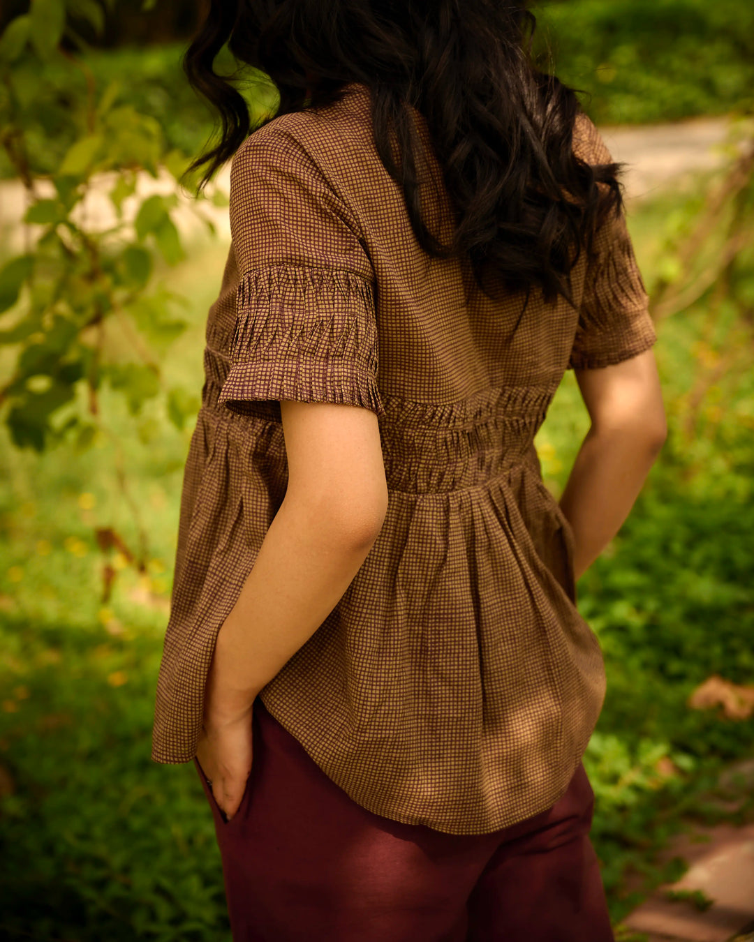 Hand Block Printed Checkered Gathered Top - Green & Maroon
