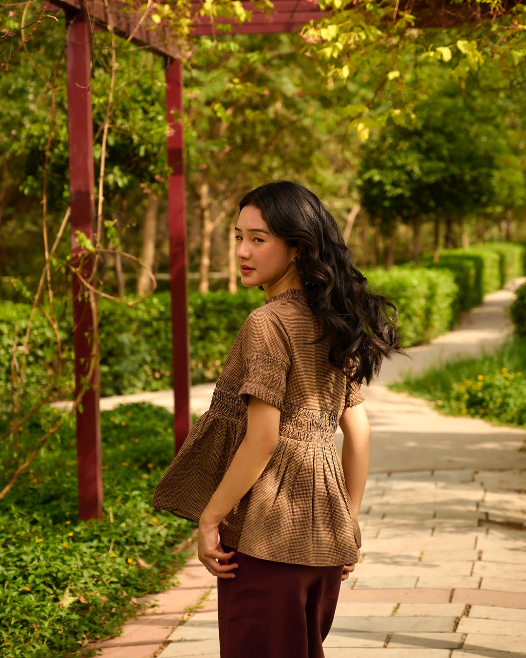Hand Block Printed Checkered Gathered Top - Green & Maroon