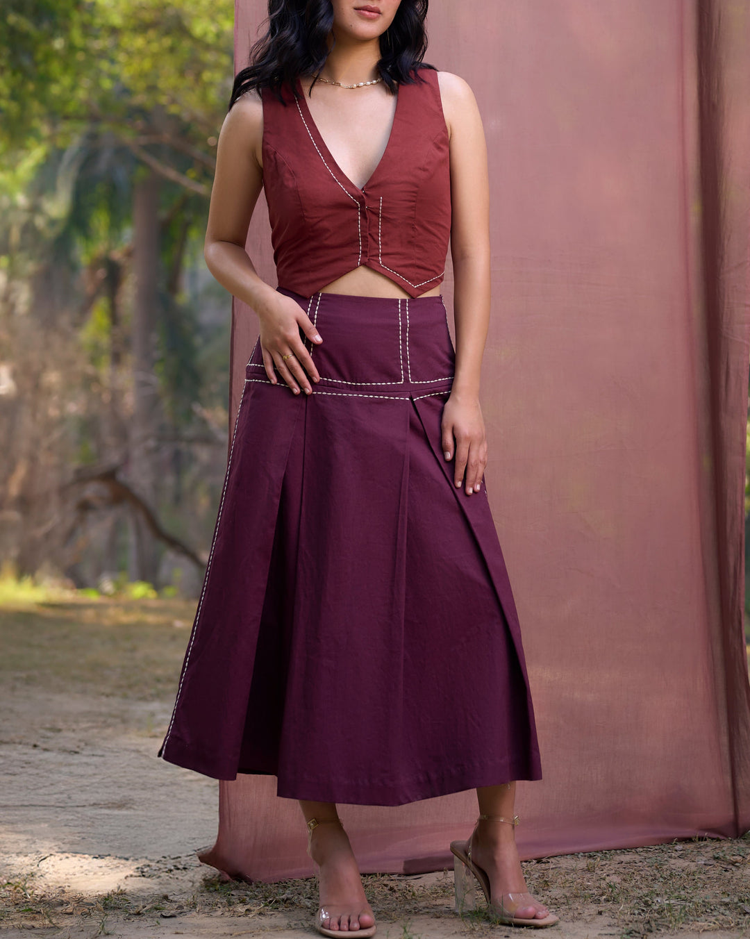 Kantha Embroidered Midi Skirt - Burgundy
