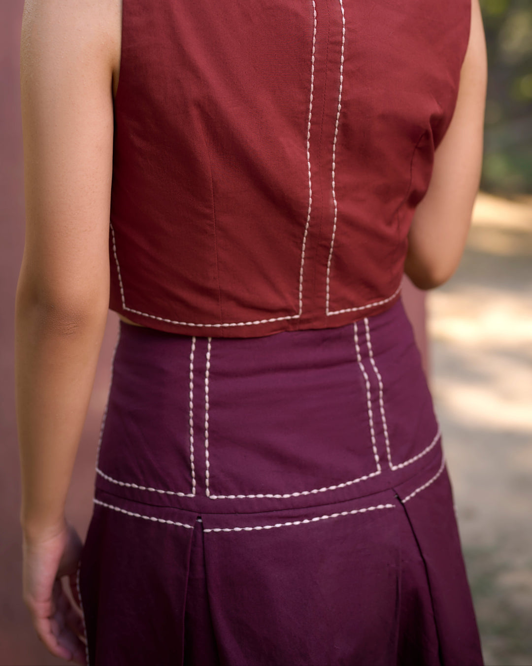 Kantha Embroidered Midi Skirt - Burgundy